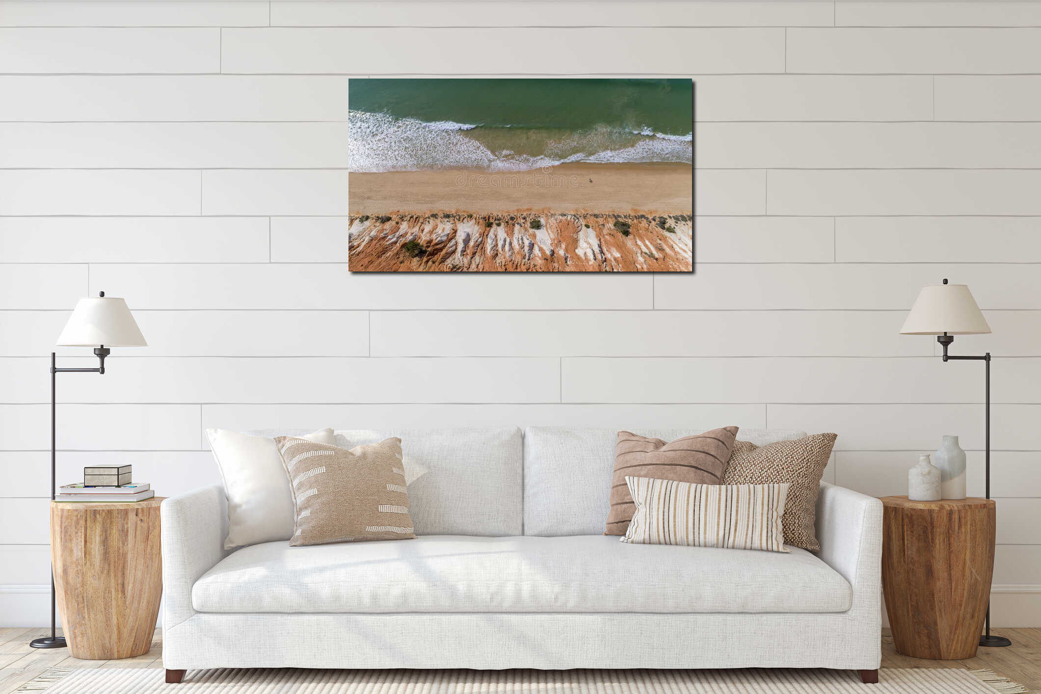 Aerial rocks and cliffs seascape shore view of famous Falesia beach, Algarve interior mockup