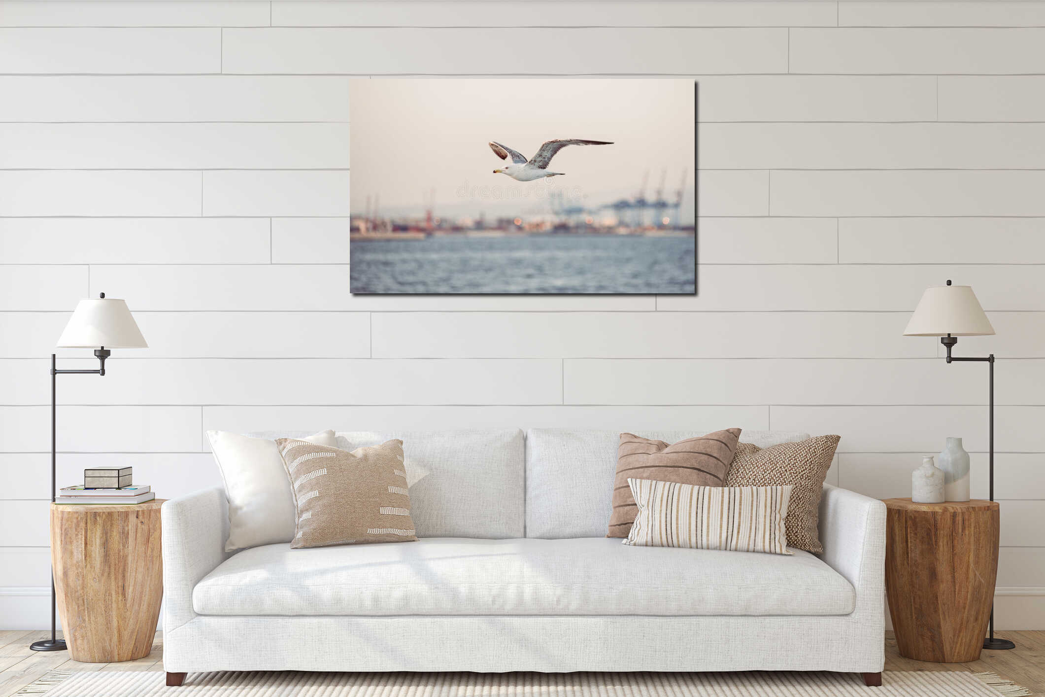 A seagull flying over the sea. interior mockup