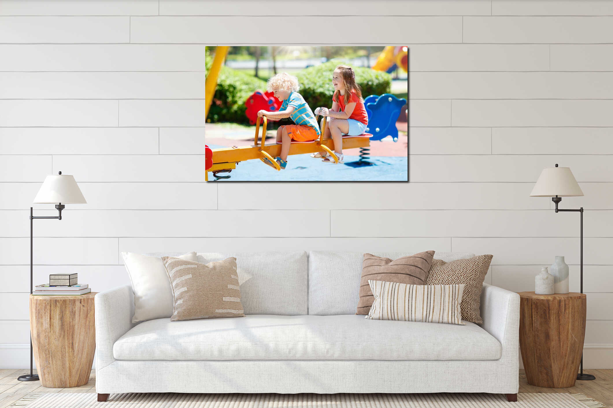 Kids on playground. Children play in summer park. interior mockup