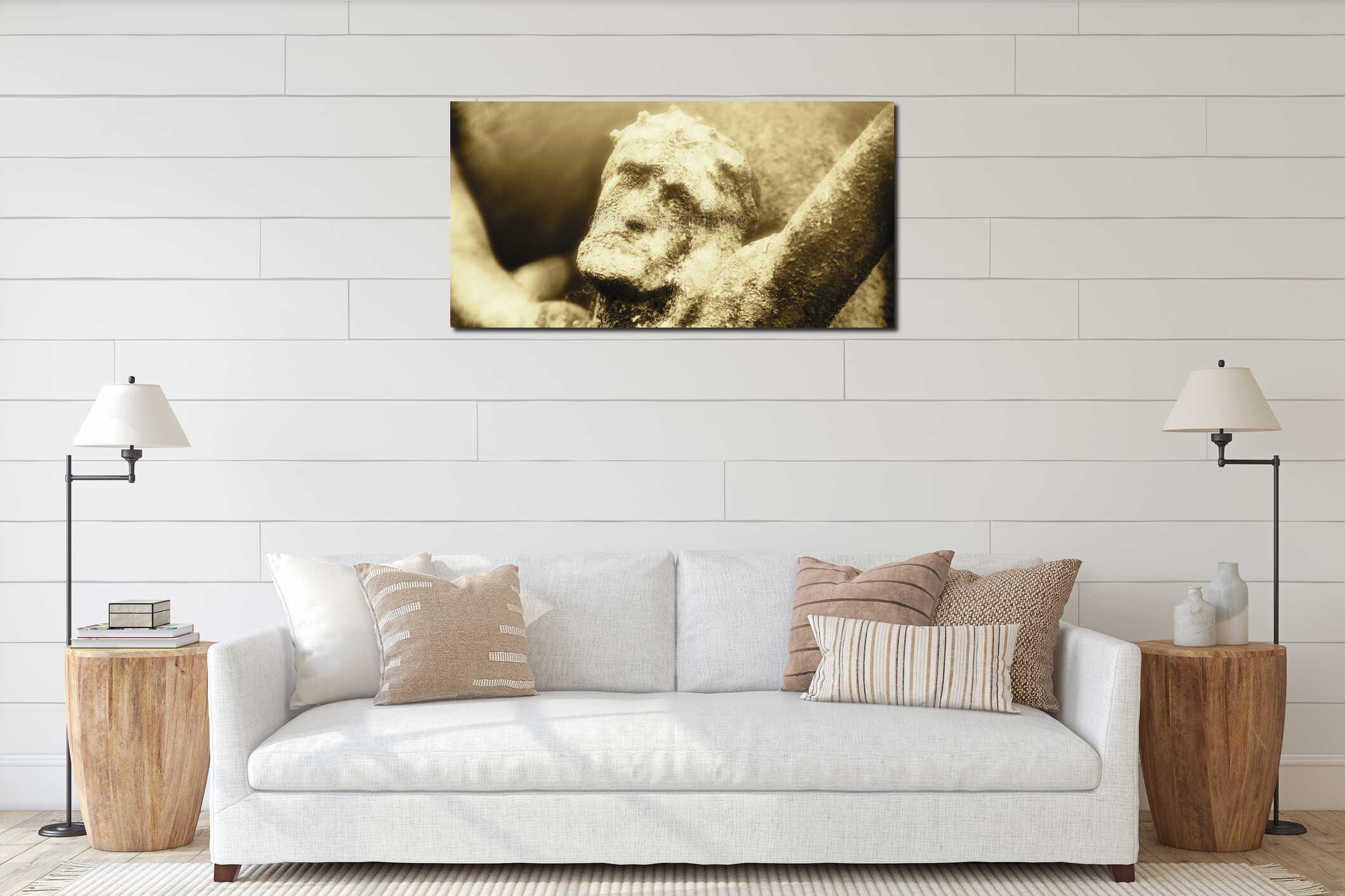 Retro styled ancient statue of crucifixion of Jesus Christ God, Christianity, religion, suffering, faith concept interior mockup