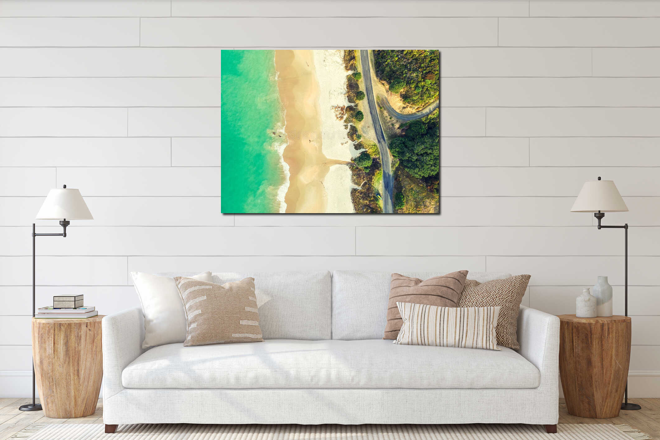 Stunning wide angle aerial drone view of Otama Beach and Black Jack Road near Matarangi on the Coromandel Peninsula in New Zealand interior mockup