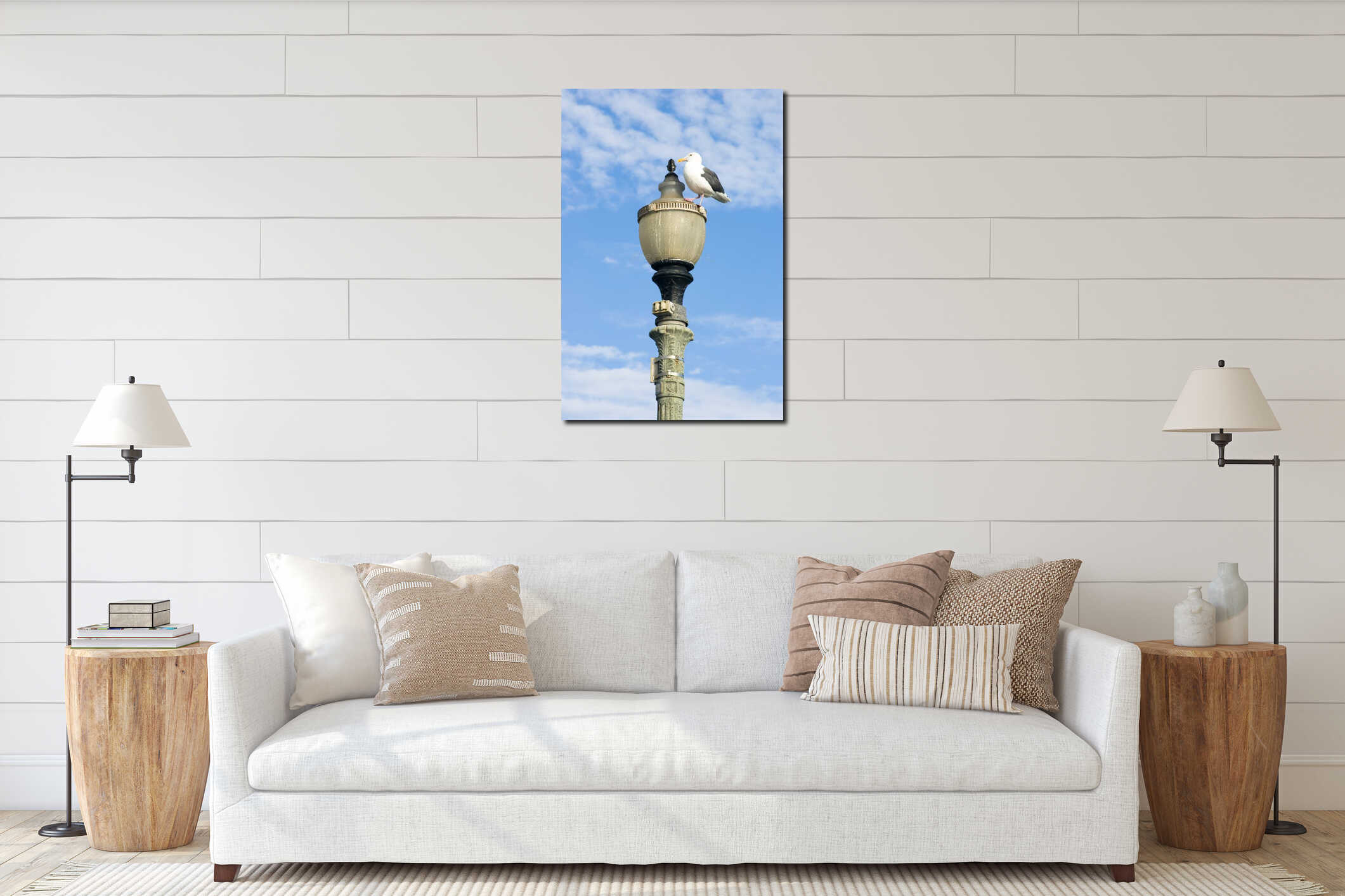 Seagull on a lamp interior mockup