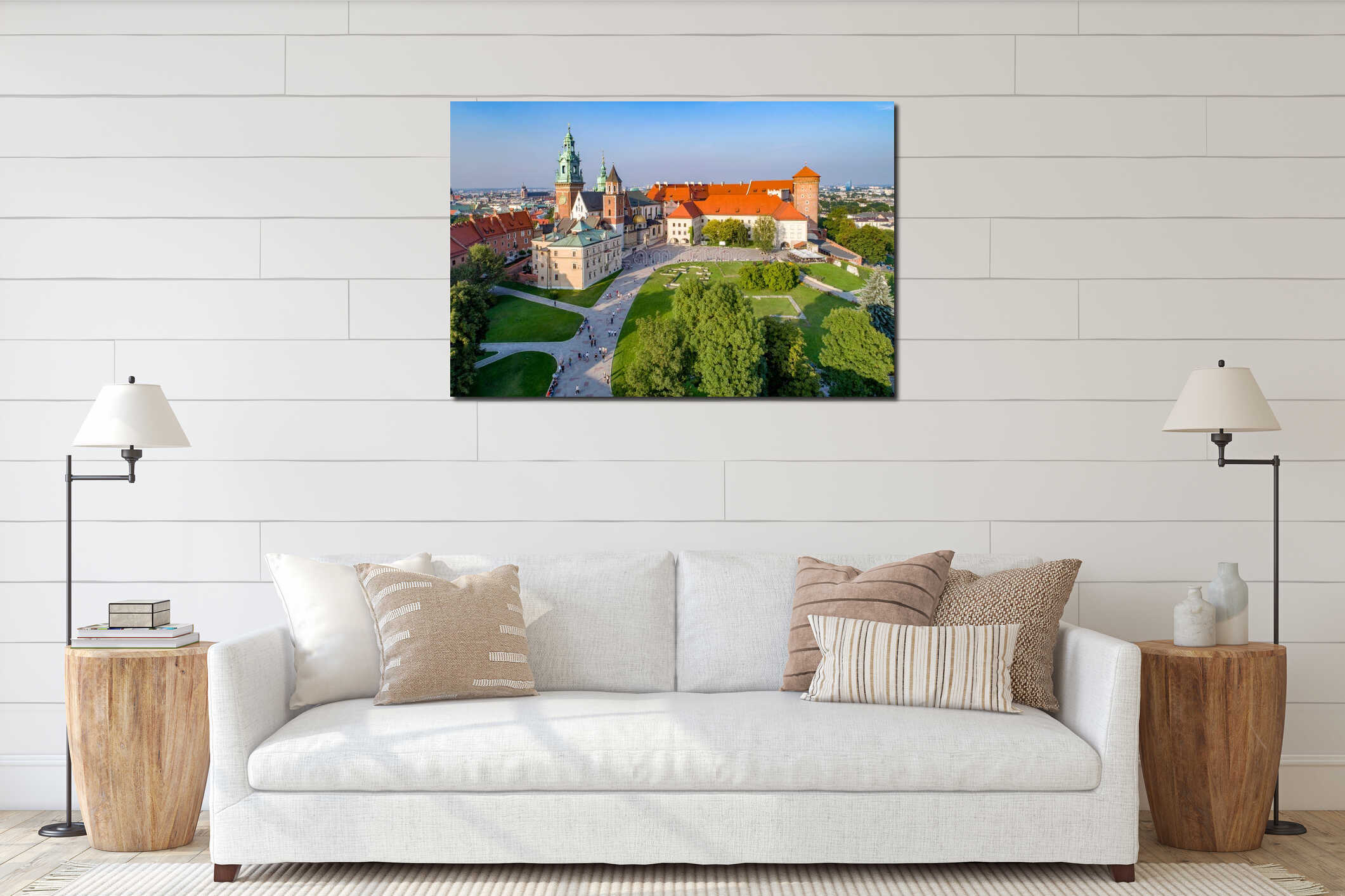Wawel Cathedral in Krakow, Poland. Aerial view in sunset light interior mockup