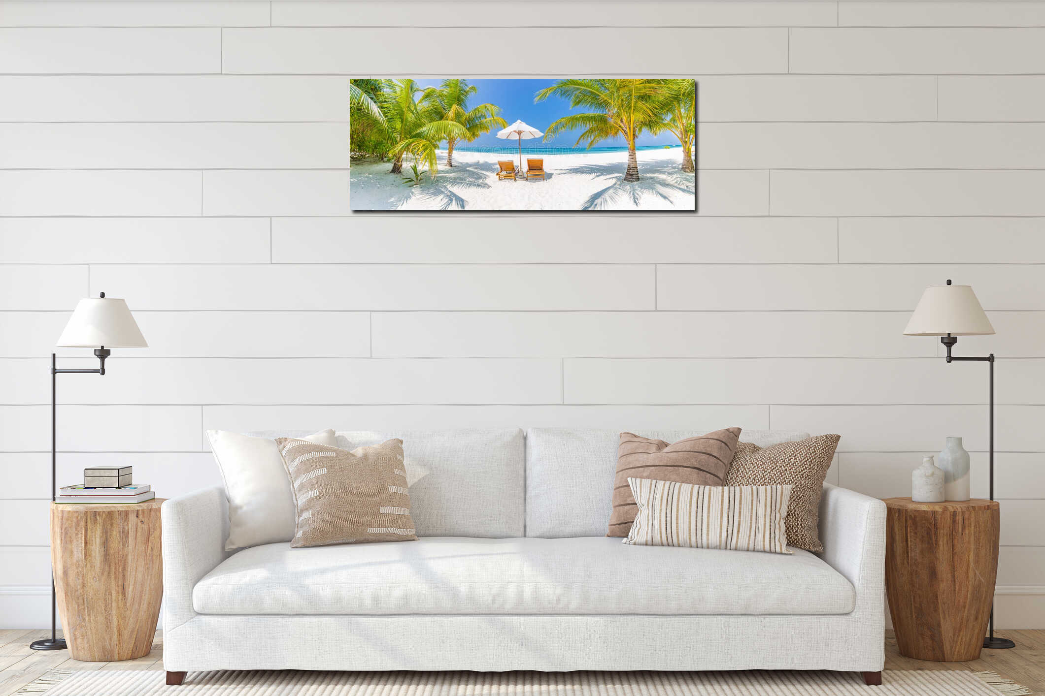Summer travel destination background panorama. Tropical beach scene interior mockup