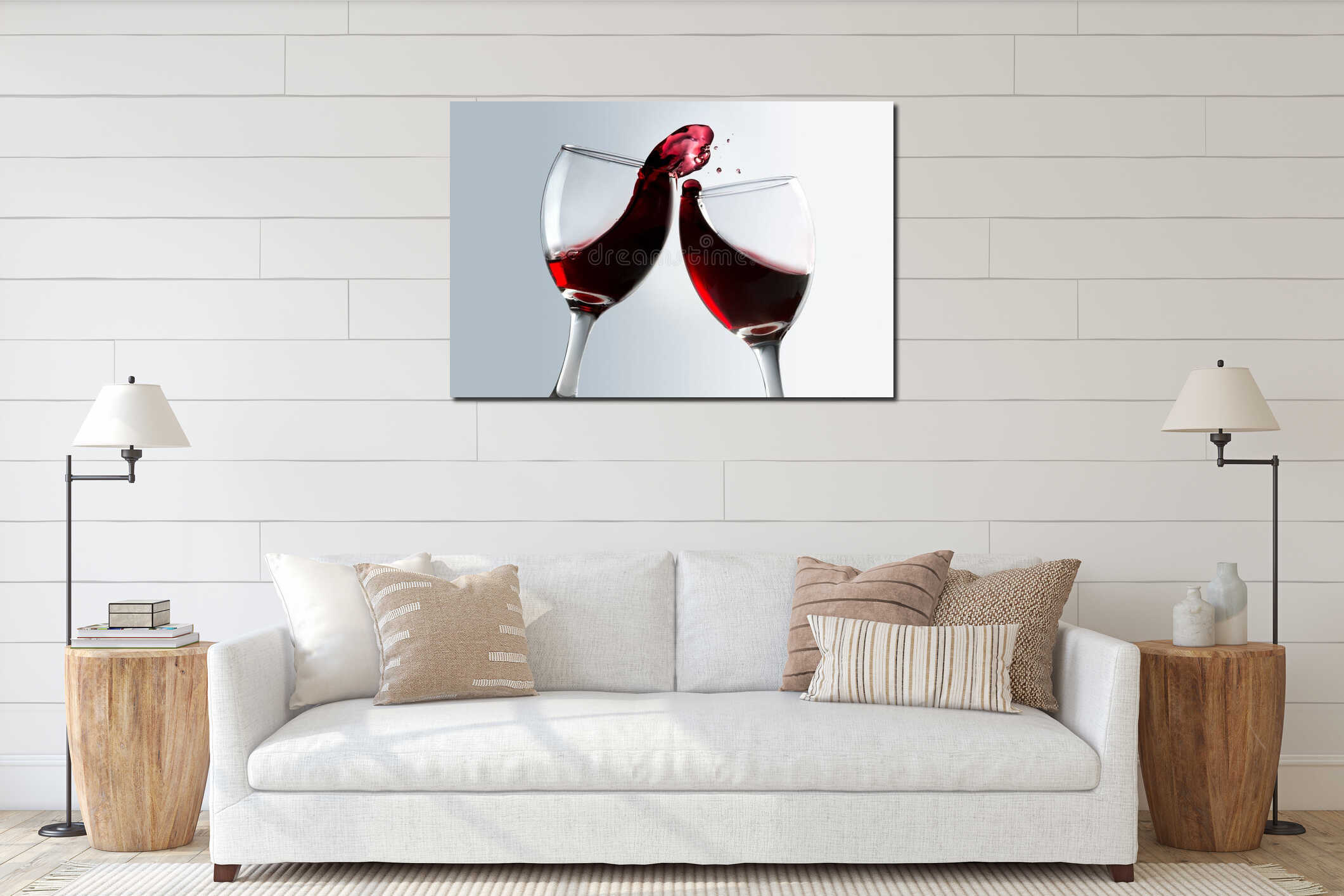 Toasting of two glasses of red wine interior mockup