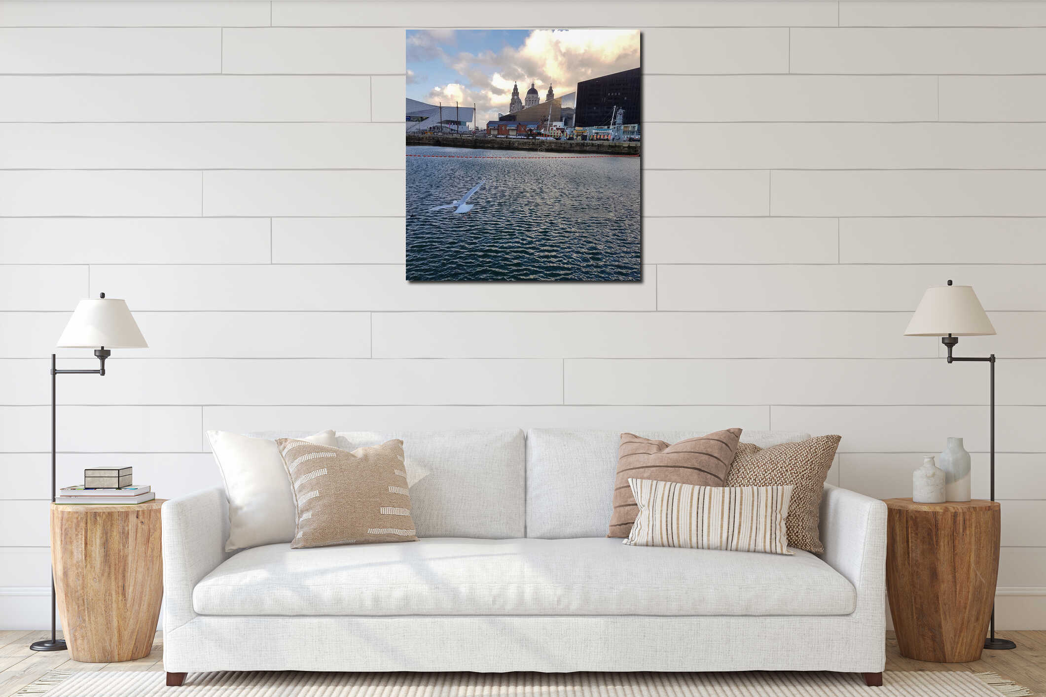 Seagull flying low at the Liverpool Docks on a cold winter after interior mockup