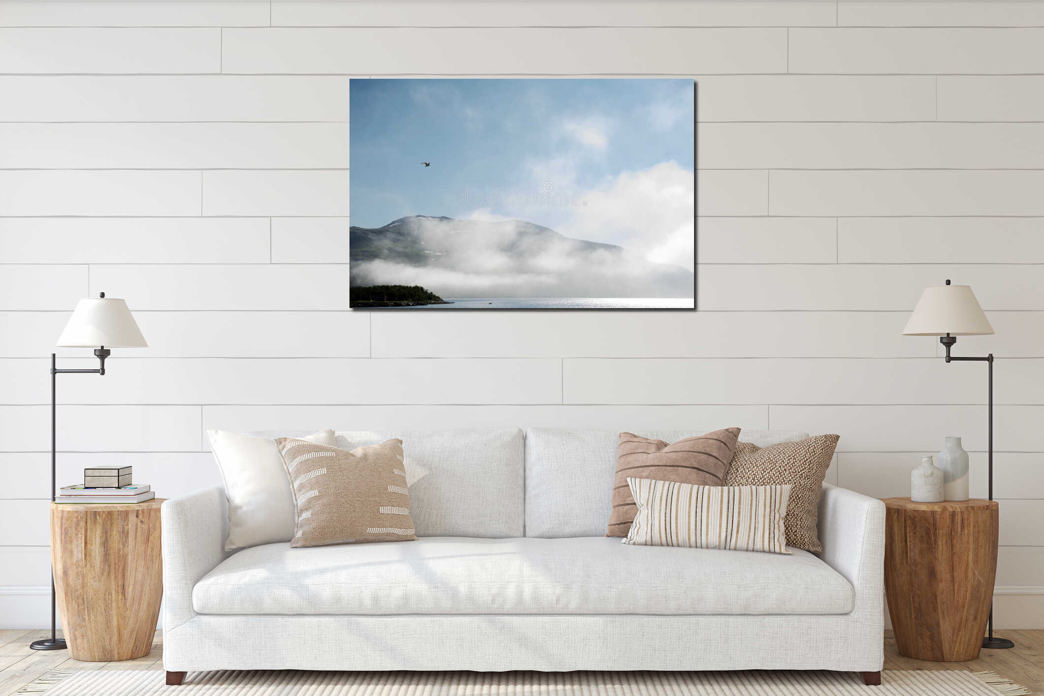 Seagull flying in the sky above cold norvegian fjord. interior mockup