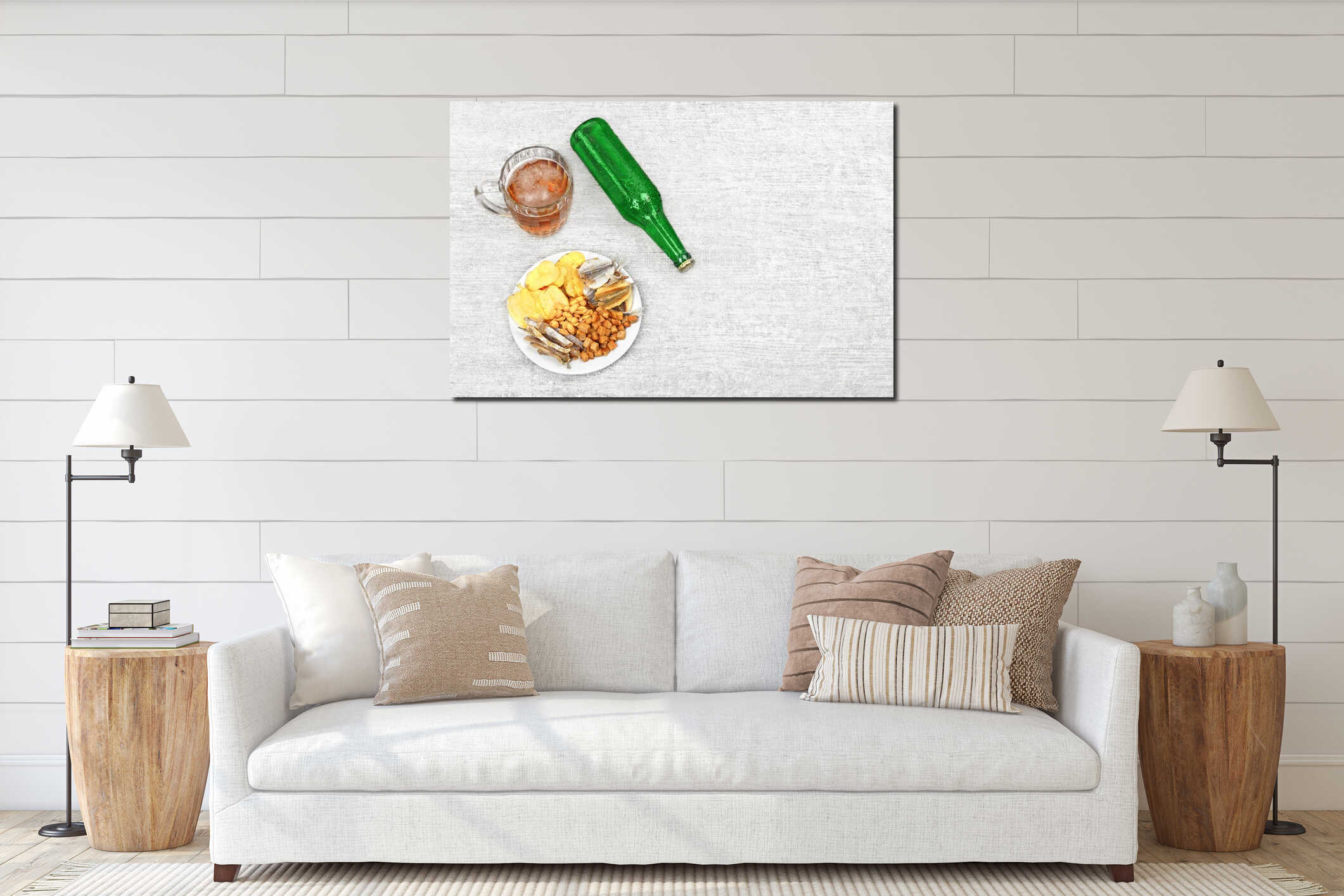 Mug of cold beer, bottle and snacks on the light wooden background. Chips, croutons, salted fish and peanuts. interior mockup