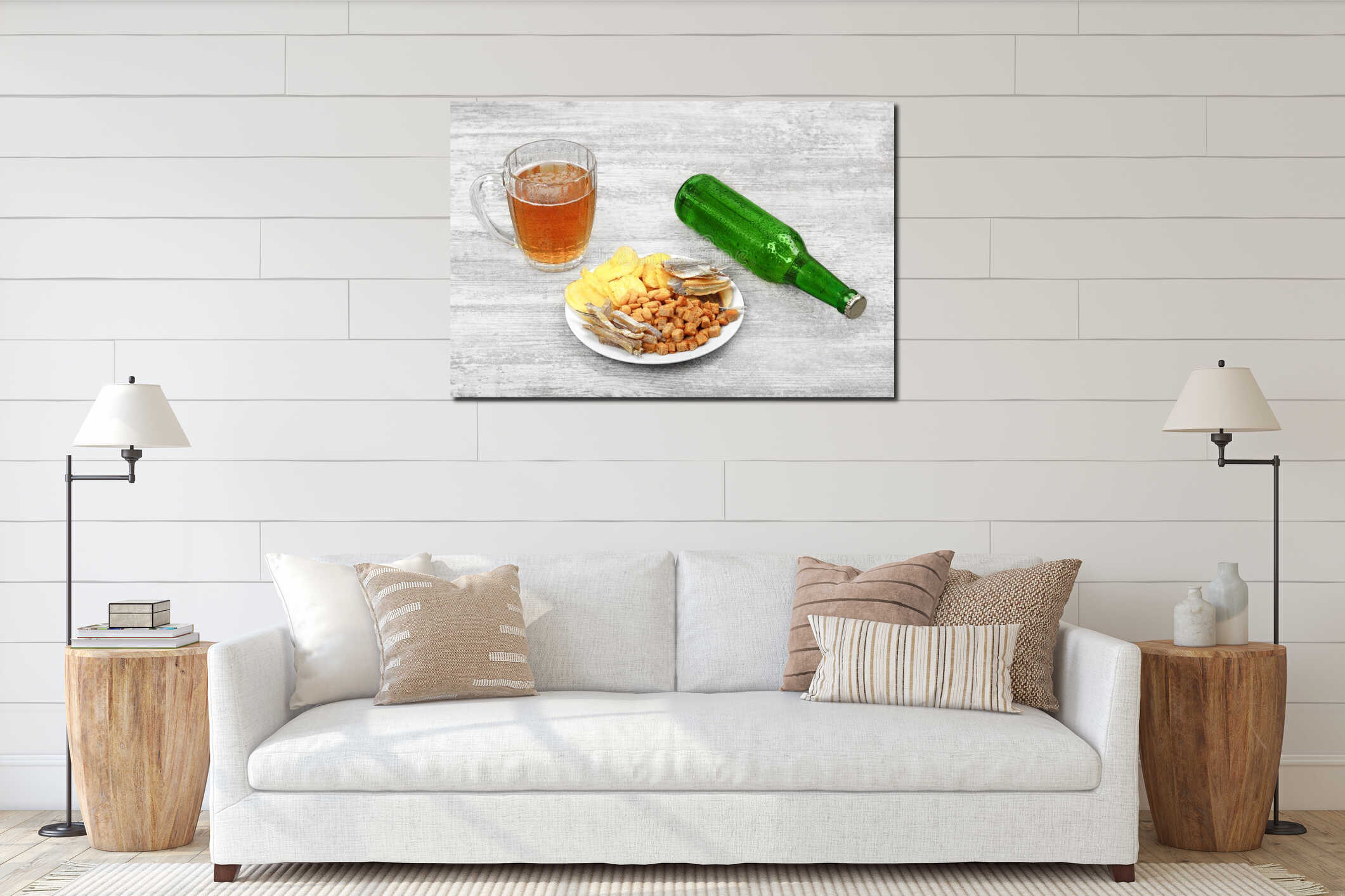 Mug of cold beer, bottle and snacks on the light wooden background. Chips, croutons, salted fish and peanuts. interior mockup