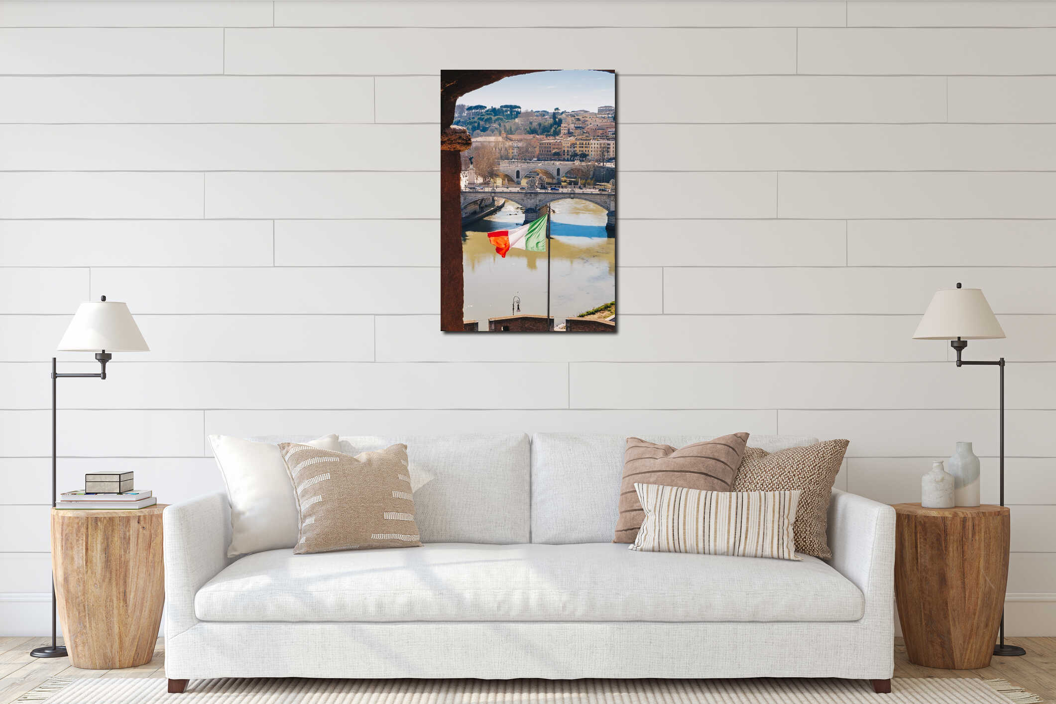 Rome city skyline and Italian Flag, as seen from Saint Angelo Ca interior mockup
