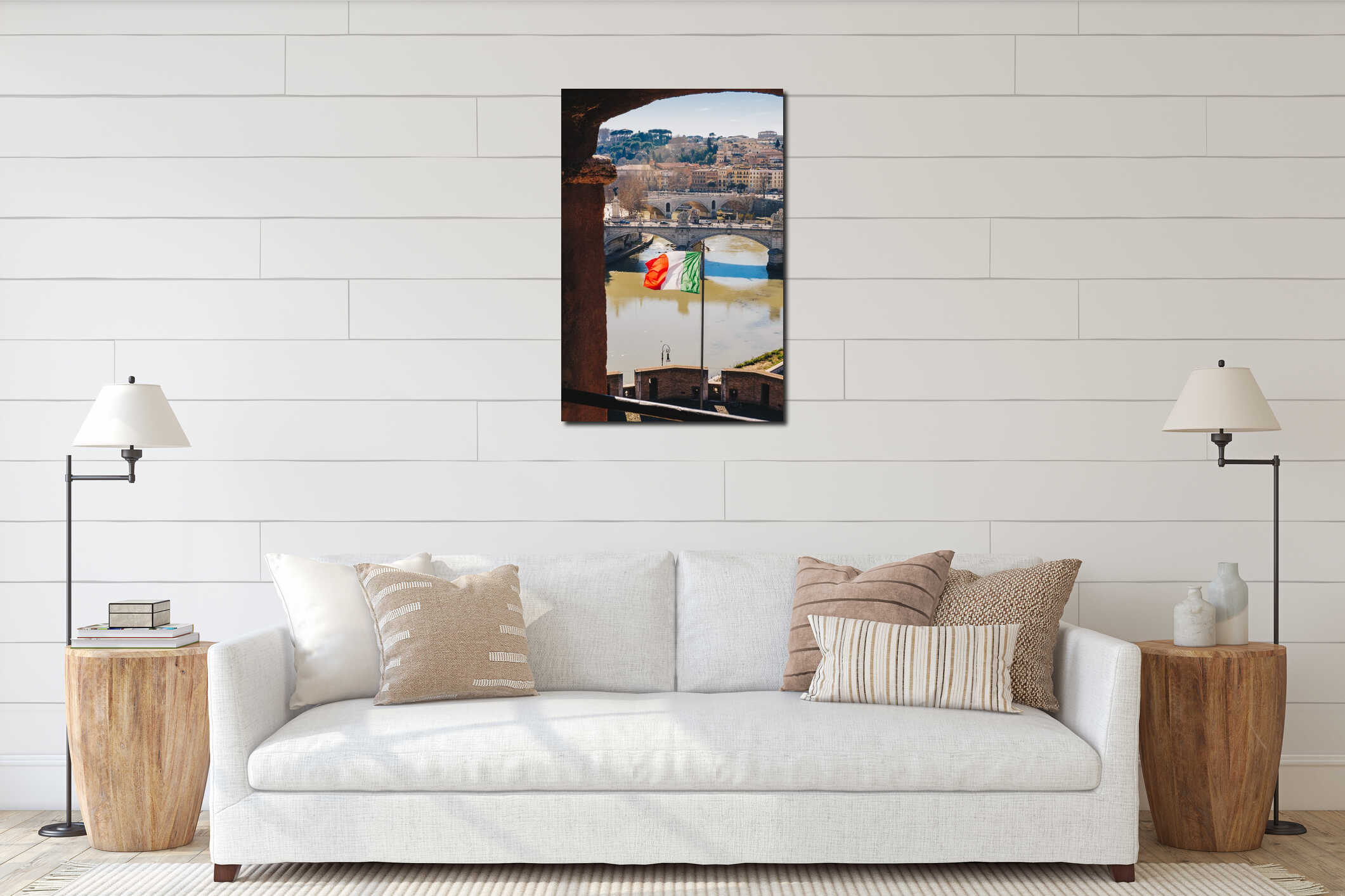 Rome city skyline and Italian Flag, as seen from Saint Angelo Ca interior mockup