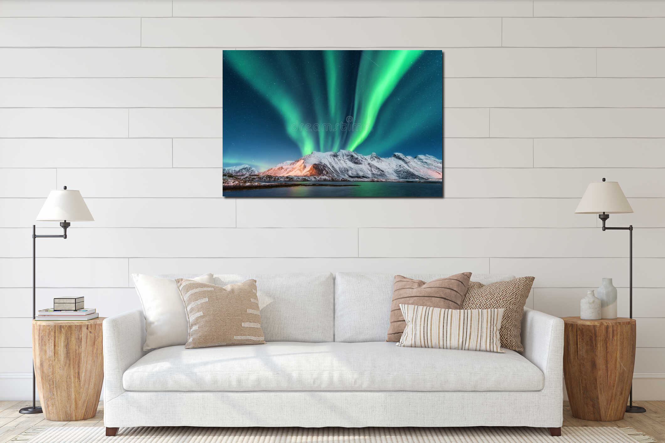 Aurora borealis. Lofoten islands, Norway. Aurora interior mockup