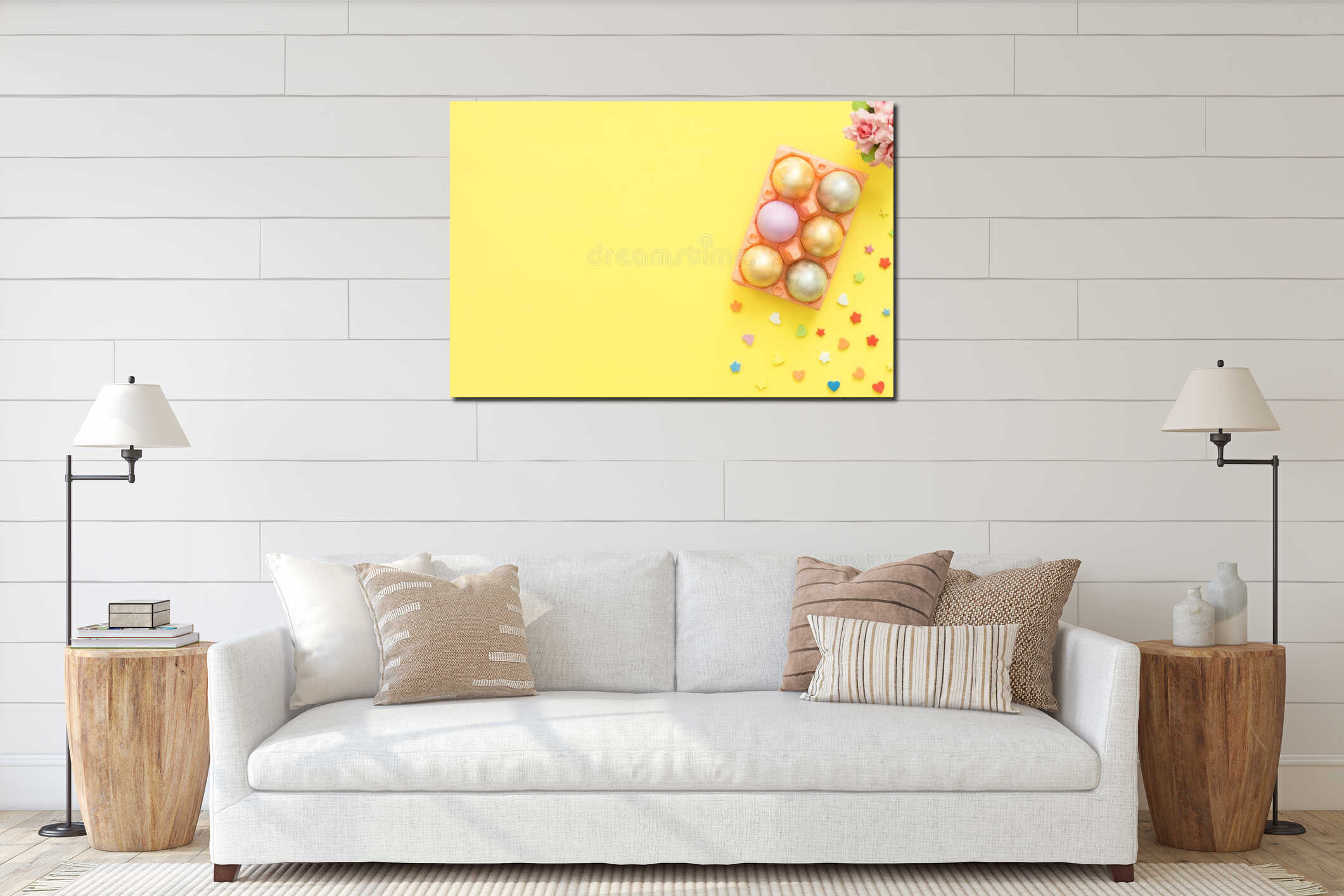 Flat lay top view colorful easter egg painted in pastel colors composition and spring flowers on yellow pastel color background. interior mockup