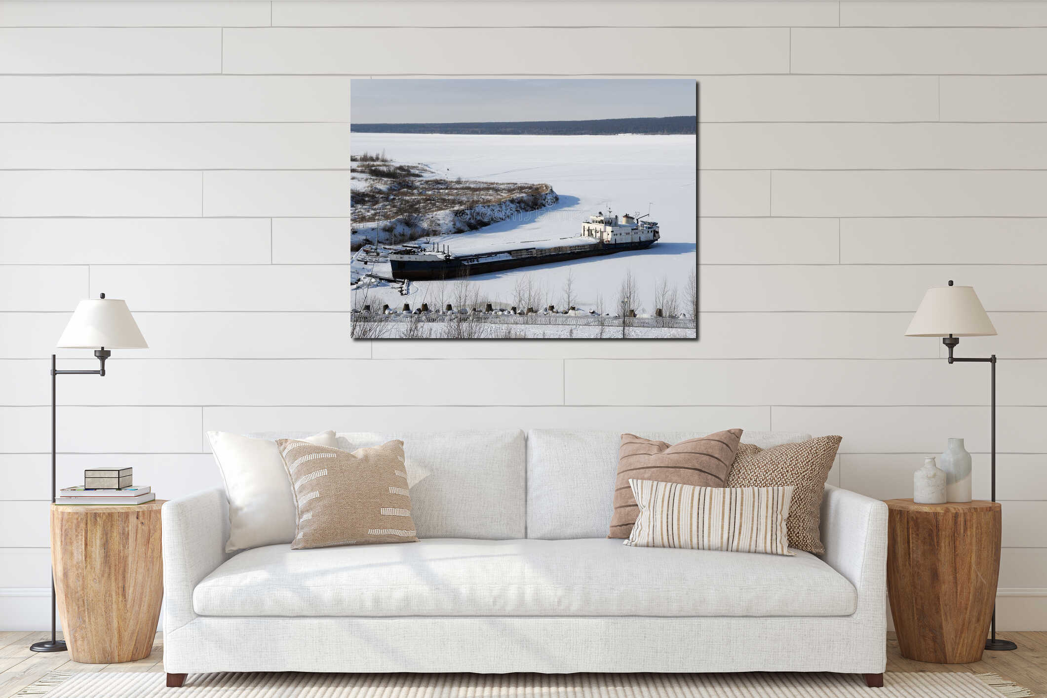 River cargo ship in the winter parking in the bay of the river. interior mockup