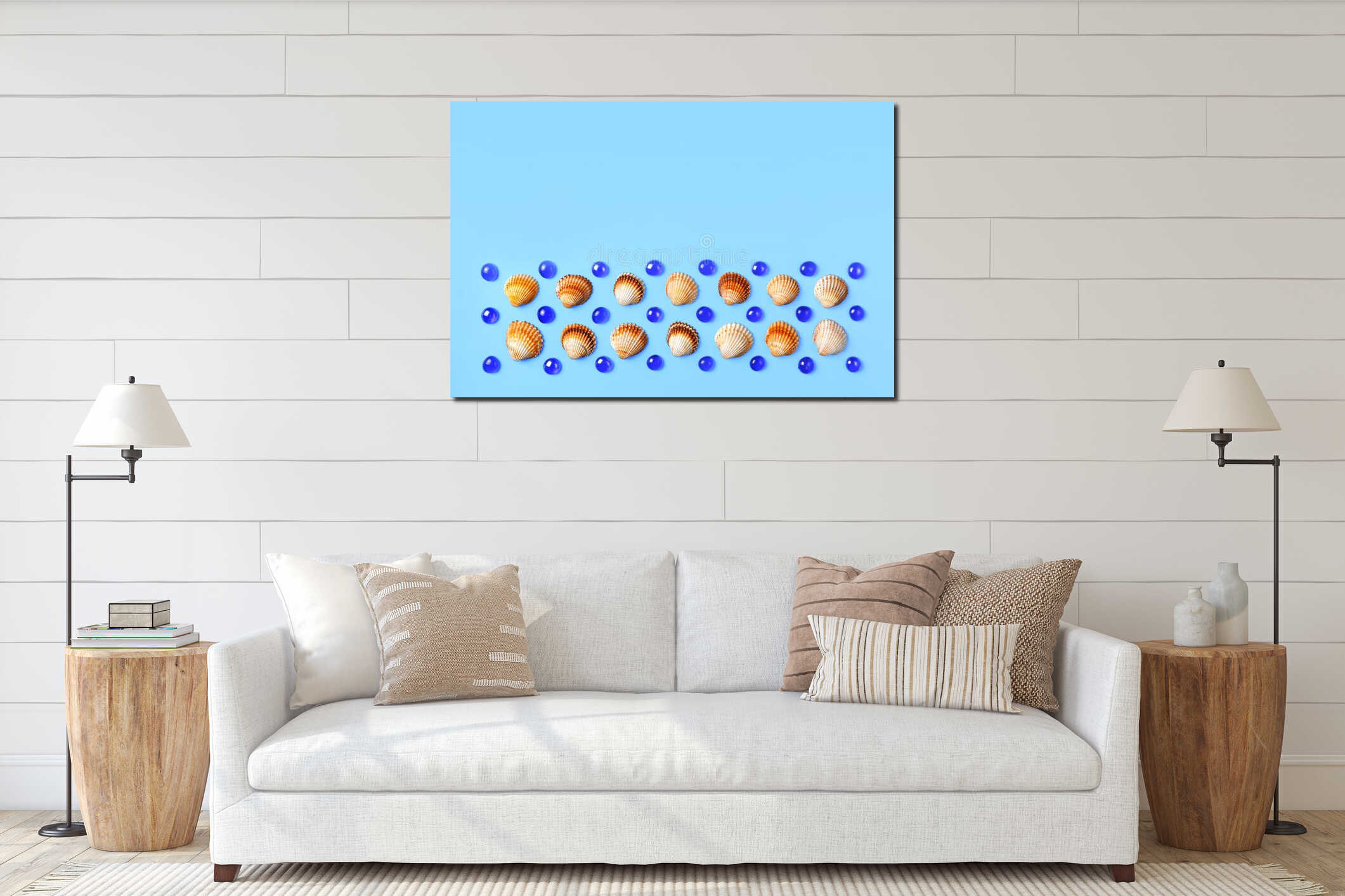 Pattern of sea shells and glass beads on a blue background. Flat interior mockup