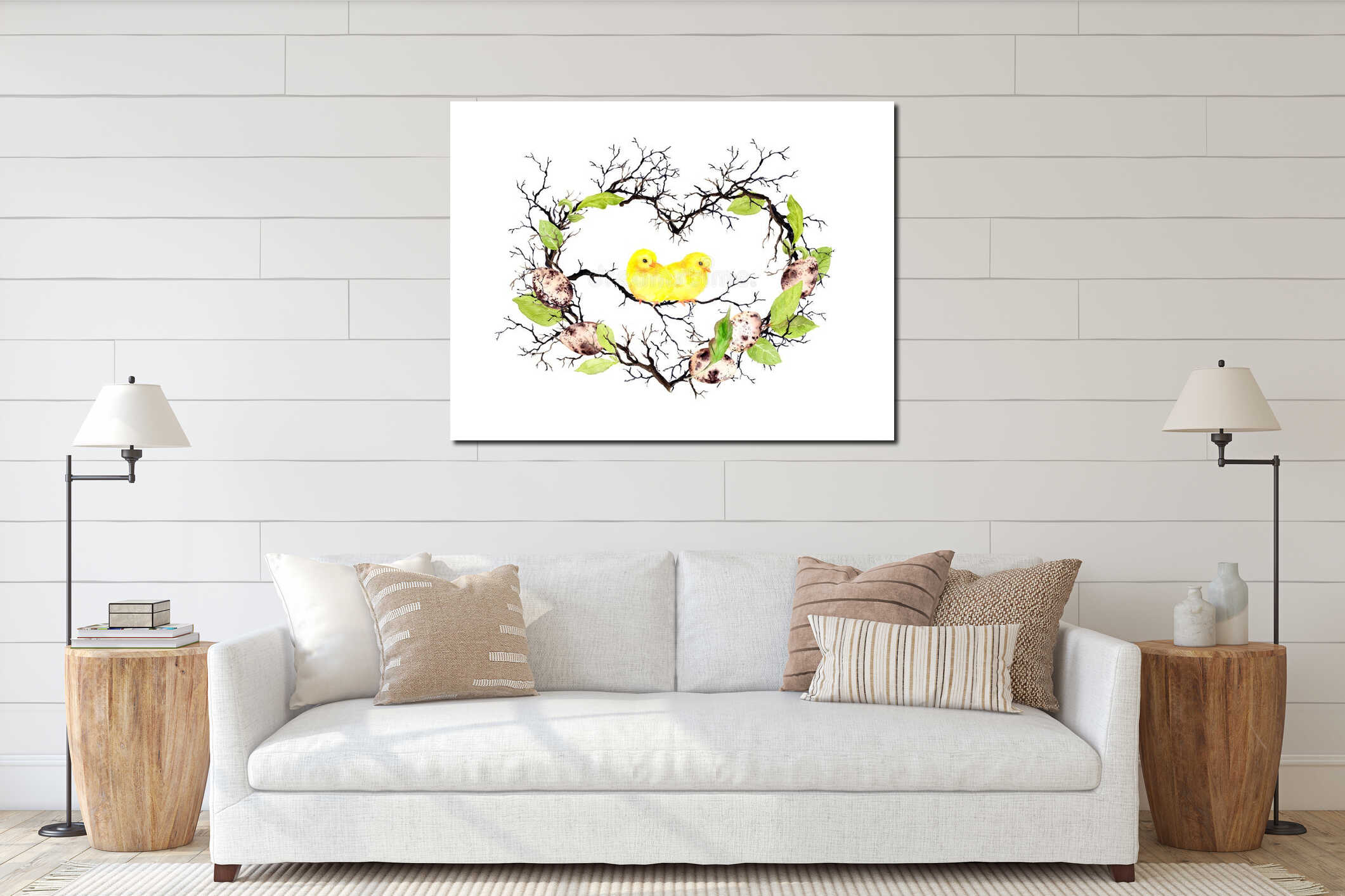 Cute chicks, easter eggs, branches and spring leaves. Heart shape. Watercolor floral wreath for Easter interior mockup