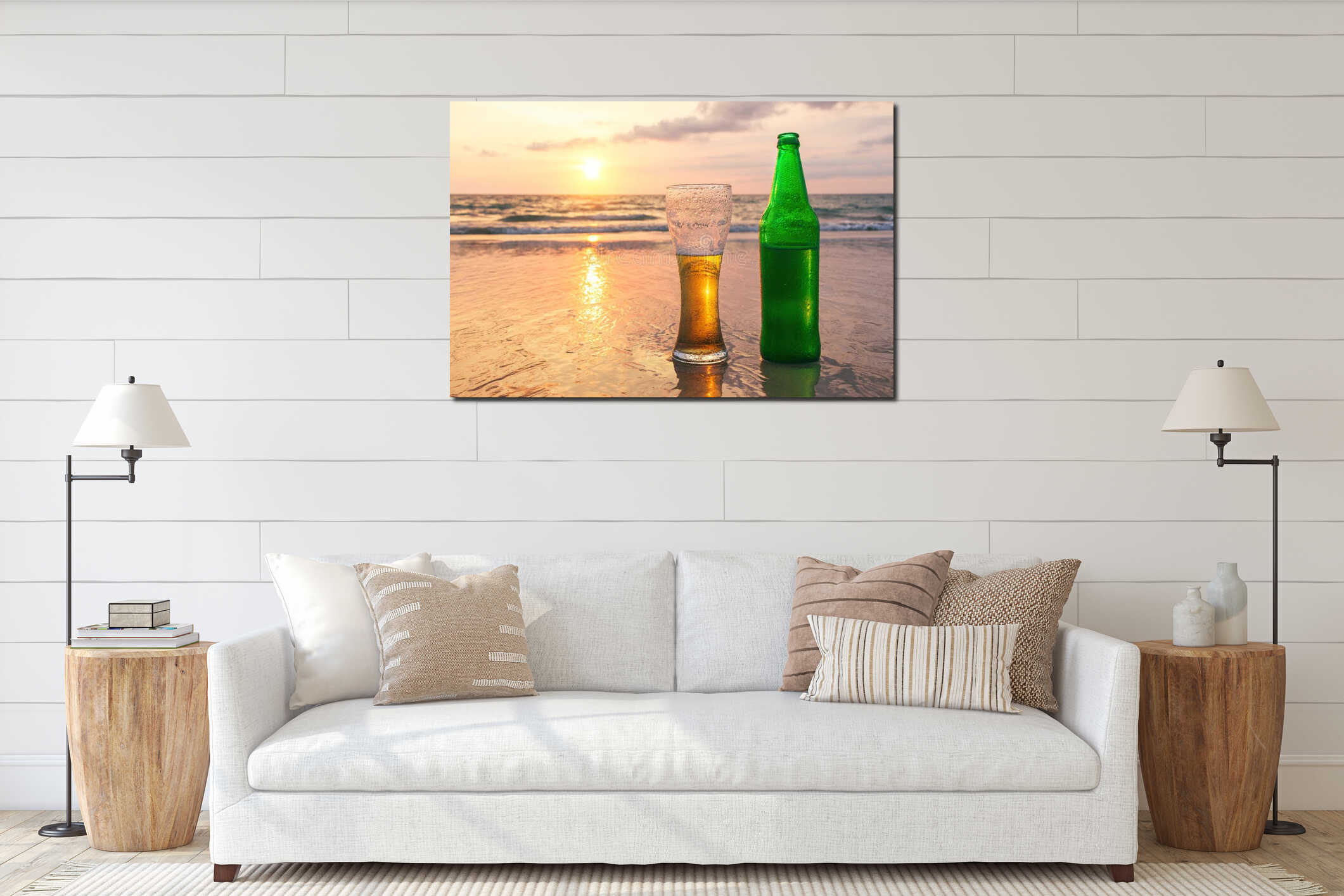 Glass of cold beer on the sea shore at the sunset. Relax on the beach. interior mockup
