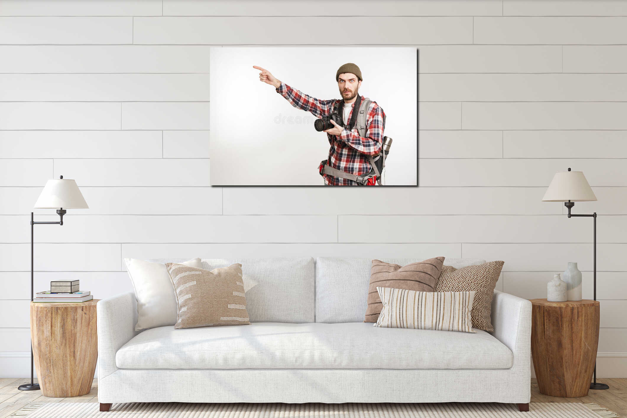 Portrait of a shocked young man tourist interior mockup