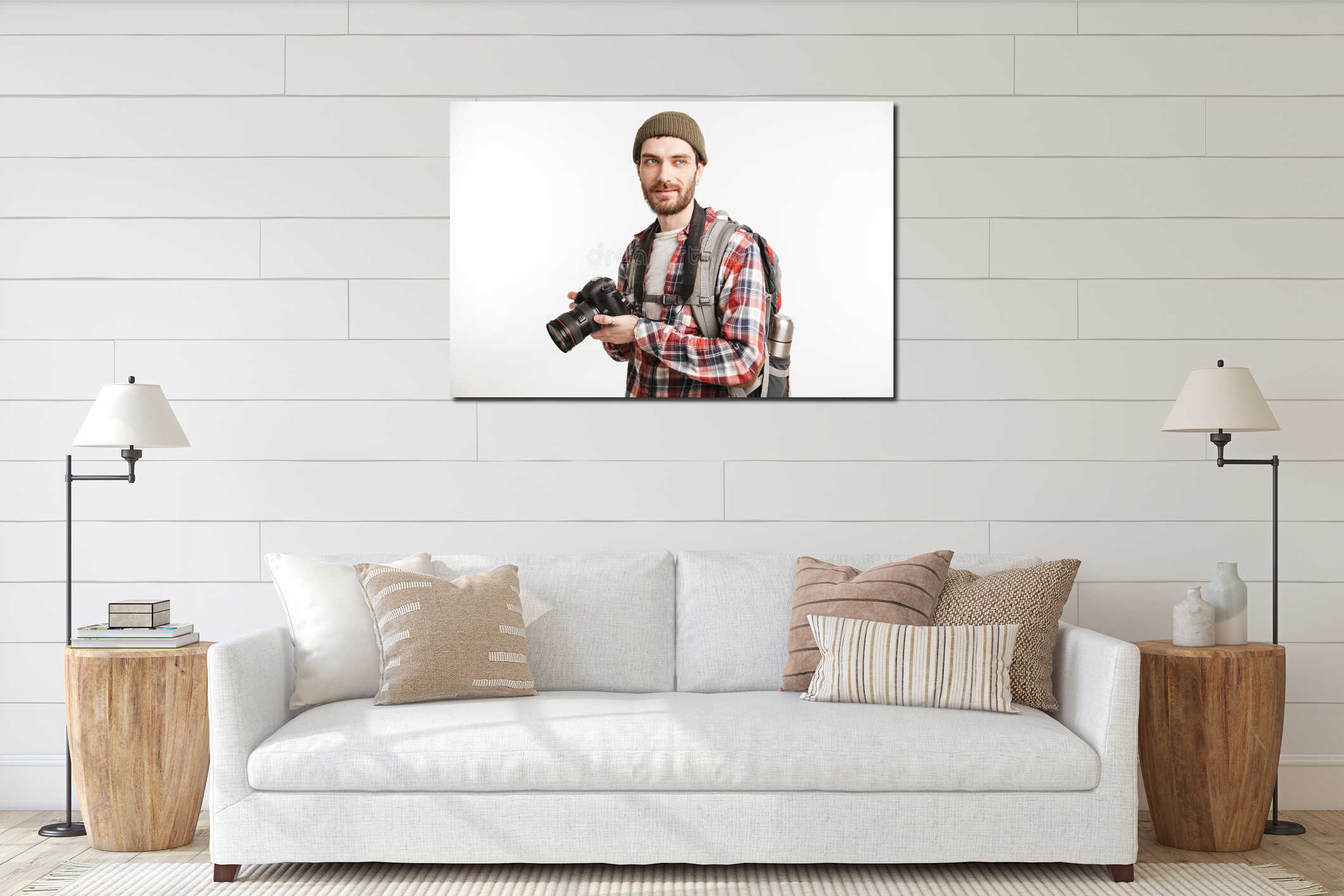 Portrait of a smiling young man tourist interior mockup