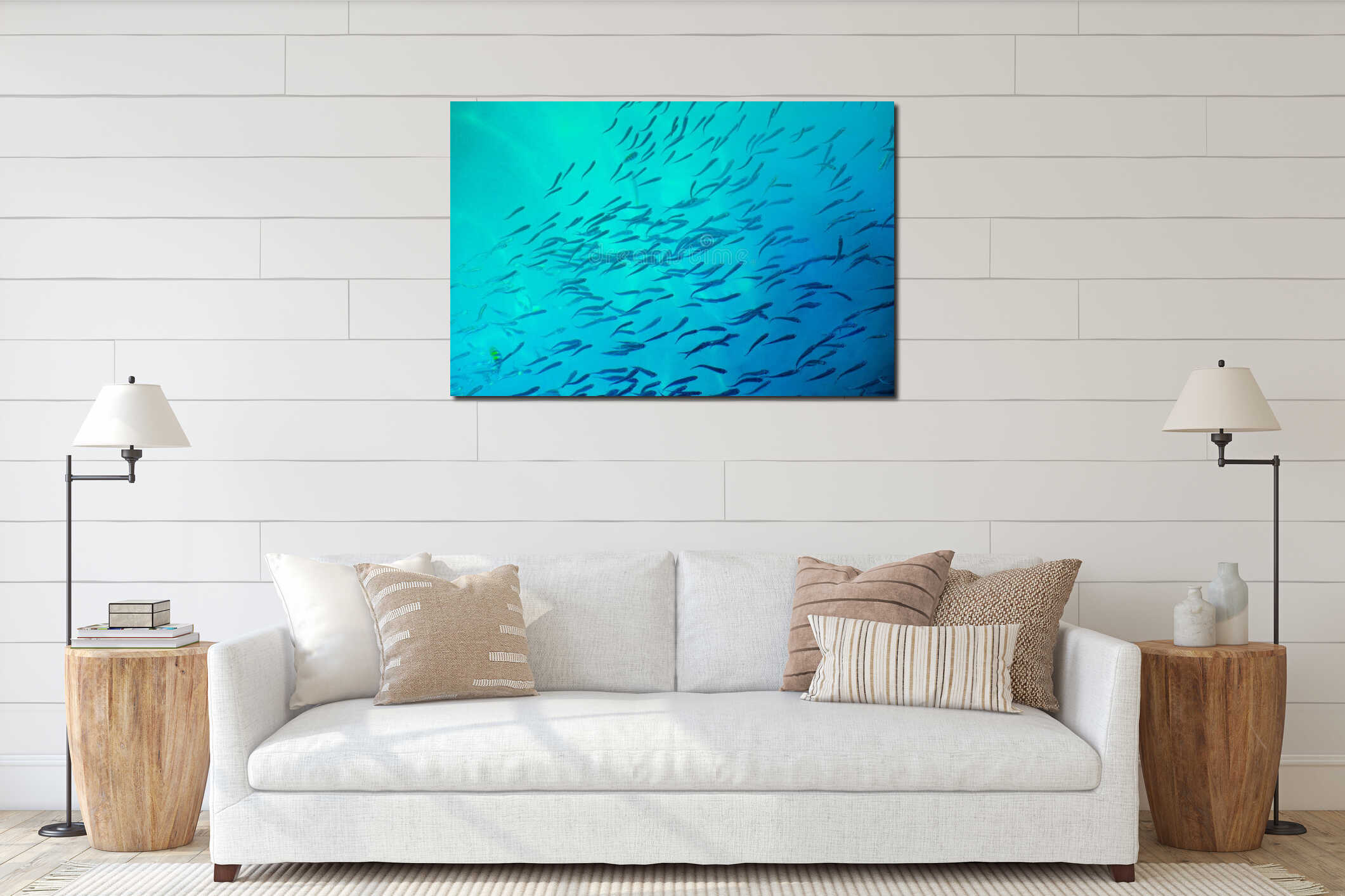 School of fish in turquoise blue water interior mockup