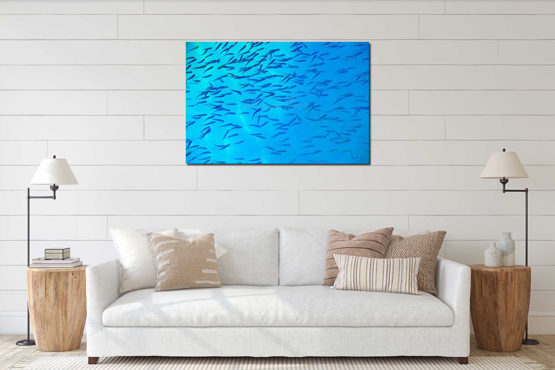 School of fish in turquoise blue water interior mockup