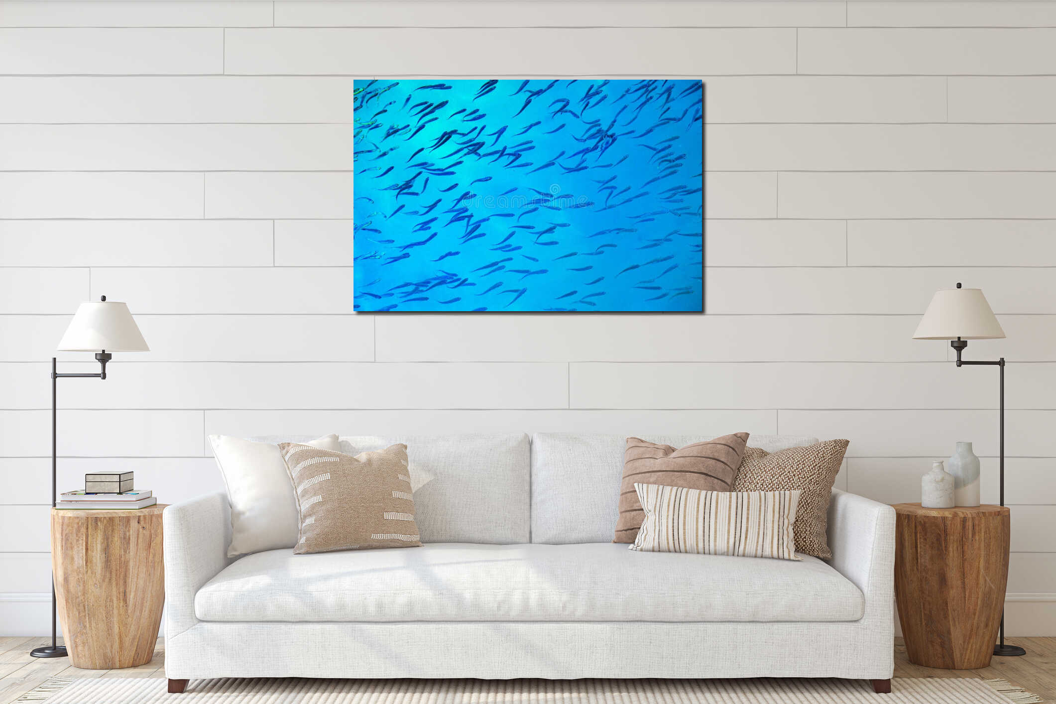 School of fish in turquoise blue water interior mockup