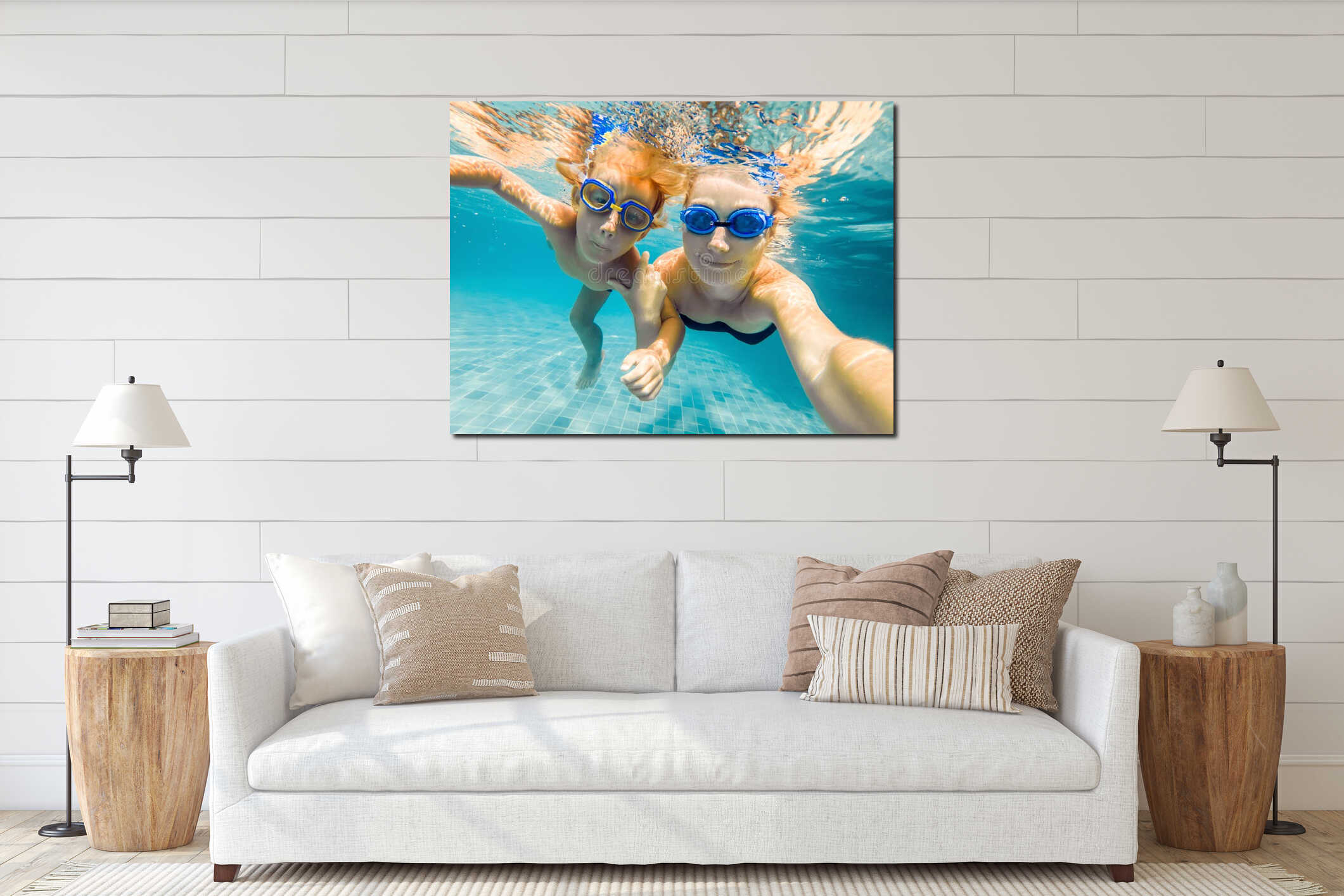 Mom and son in diving glasses swim in the pool under the water interior mockup