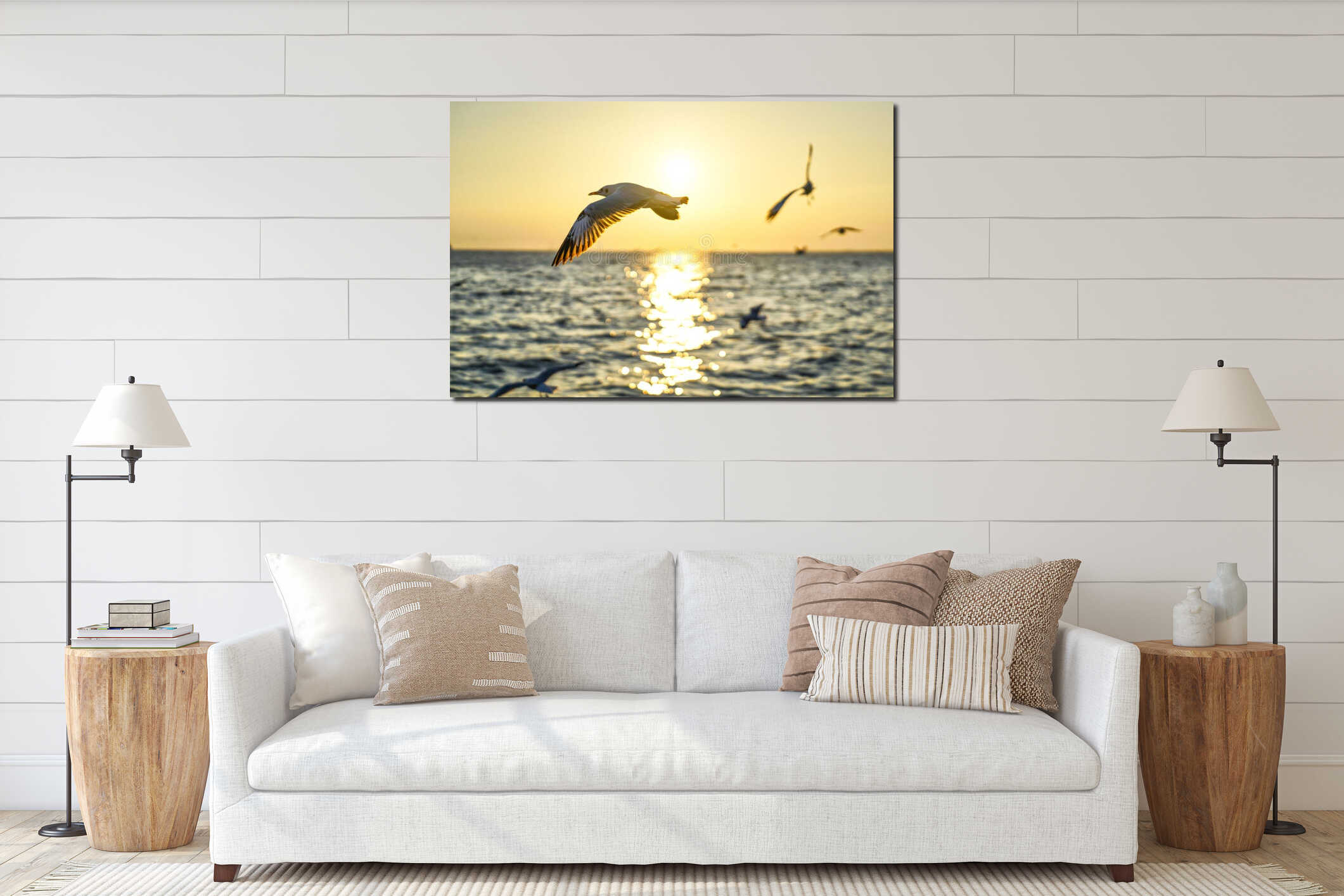 A gliding seagull across the sunset interior mockup
