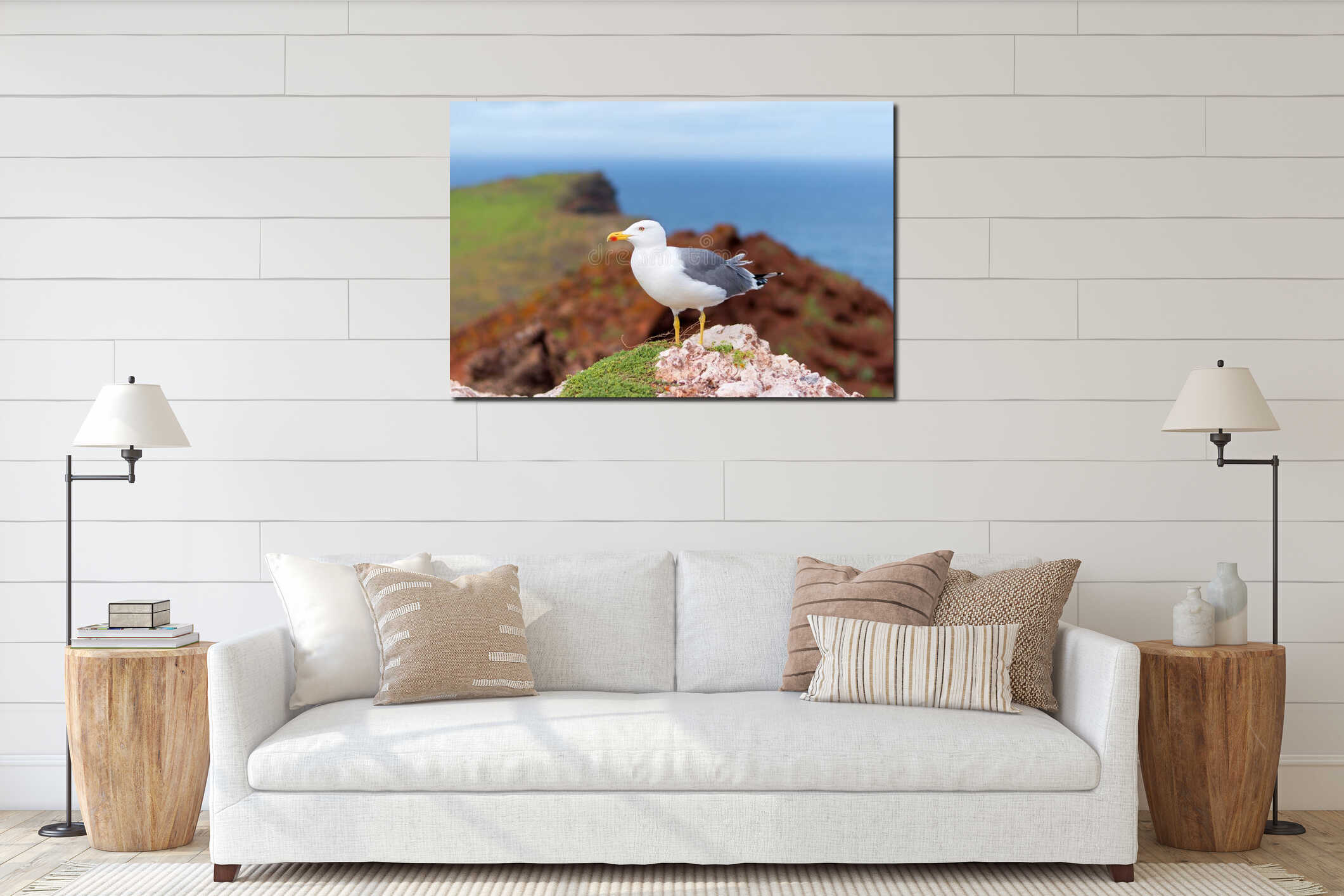Posing seagull with Ponta de Sao Lourenco peninsula in background, Madeira island, Portugal interior mockup