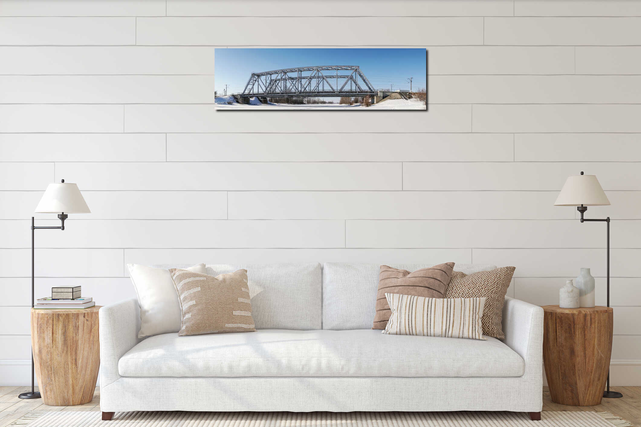 Railway bridge over the winter river interior mockup
