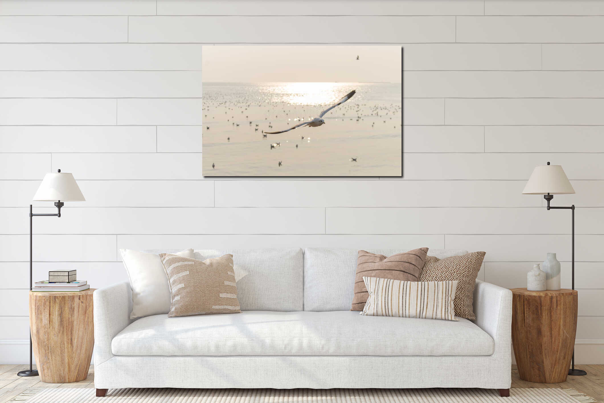 Landscape,Seagulls are flying Above the a flock of bird on sky at the sea at sunset interior mockup