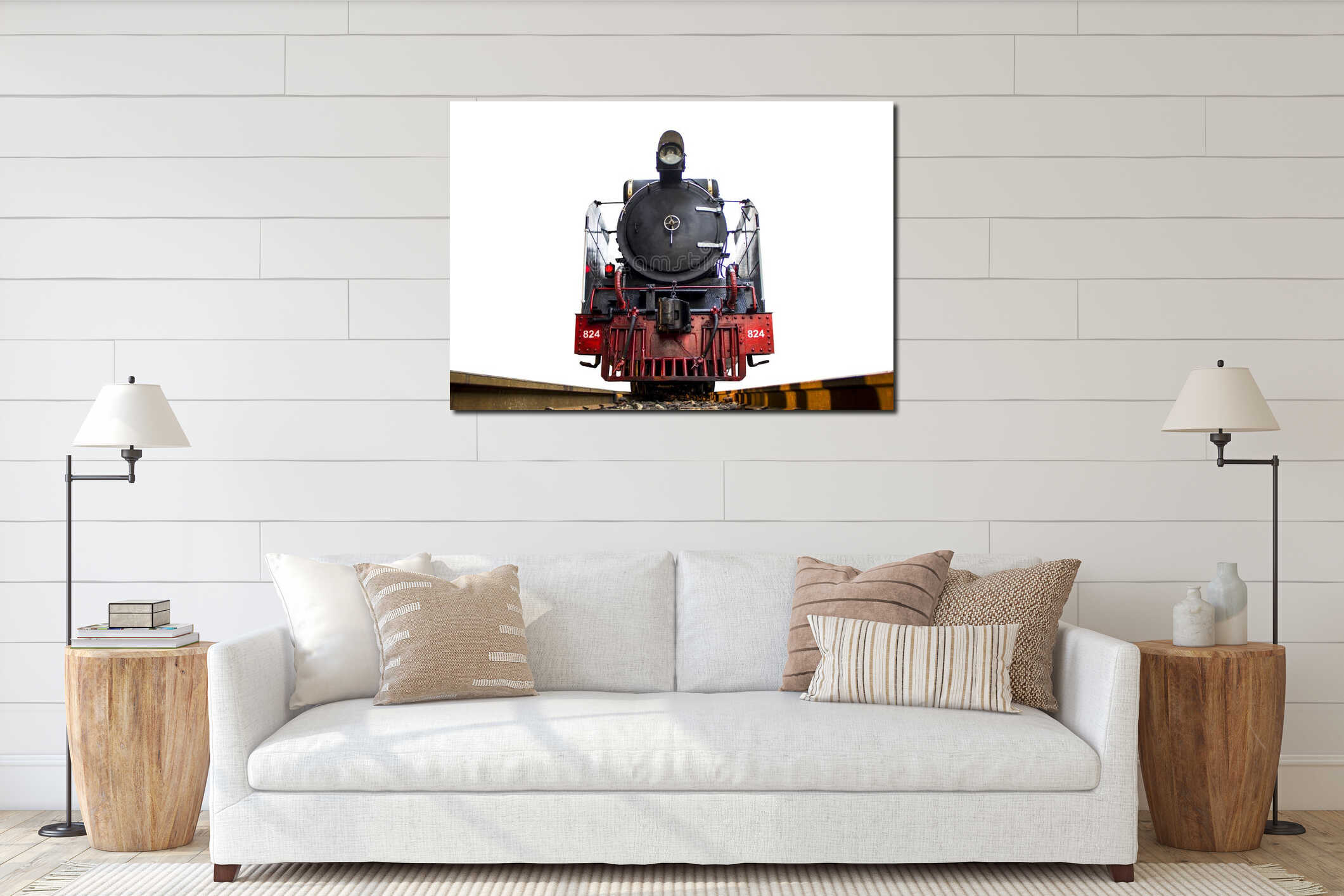 Low angle shot Front of steam locomotive Pacific on the tracks. interior mockup