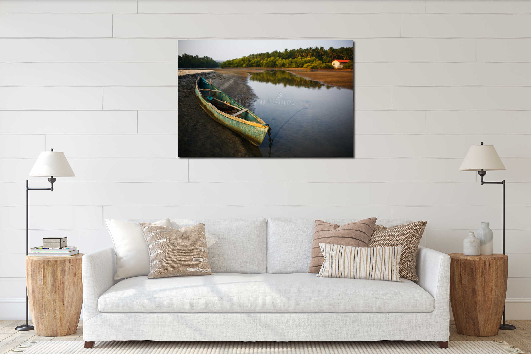 Fishing boat on the river bank in the tropics with palm trees in the evening, interior mockup