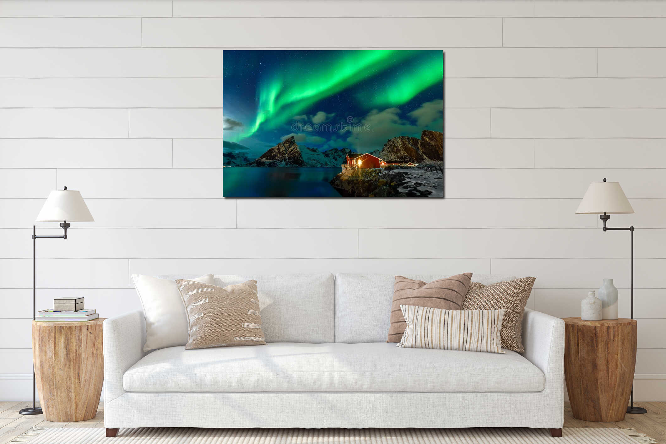 Aurora Borealis in Lofoten Archipelago, Norway in the winter time interior mockup