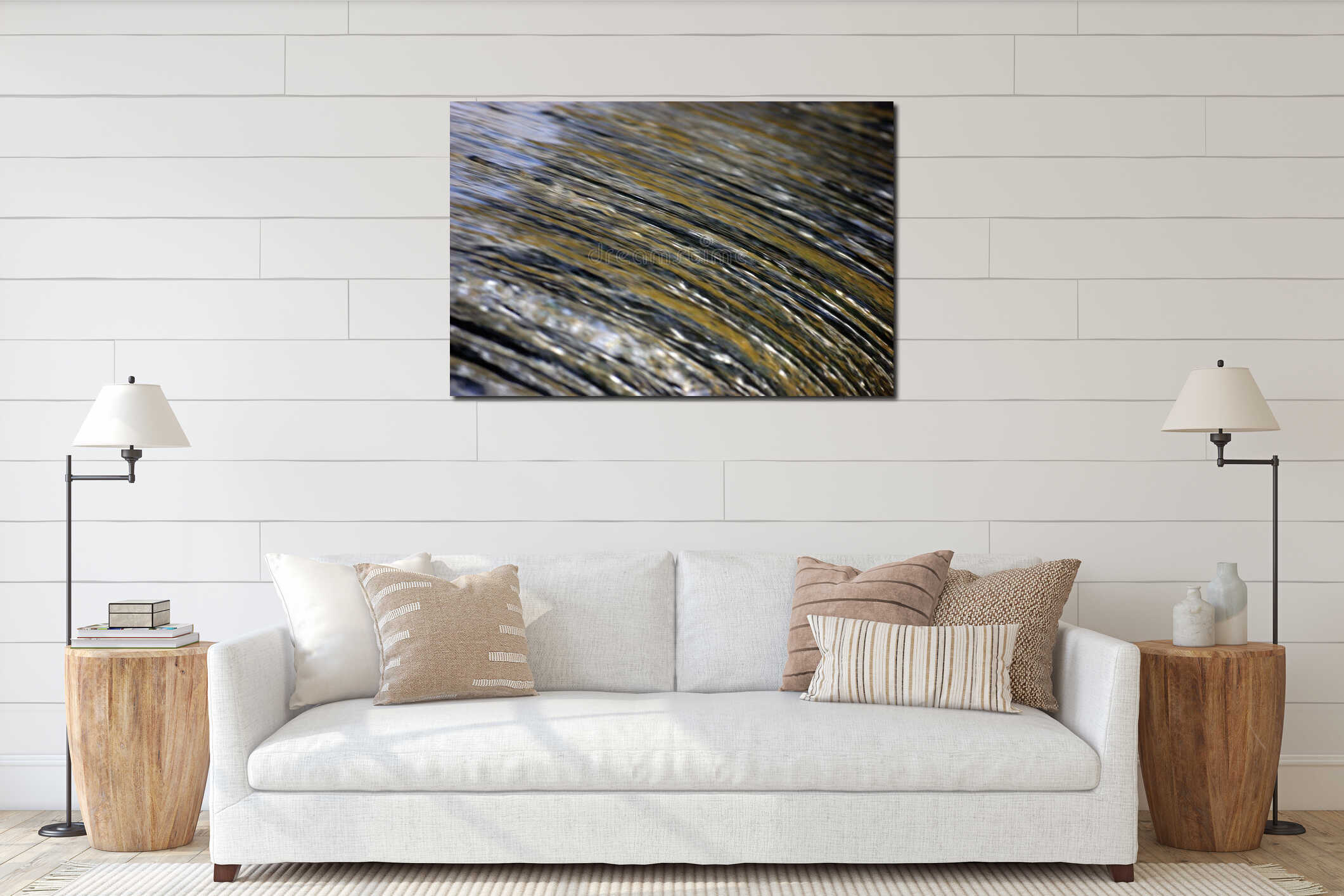 Water cascade waterfall streaming torrent splashes background, large detailed horizontal closeup, bright blue, golden, yellow interior mockup