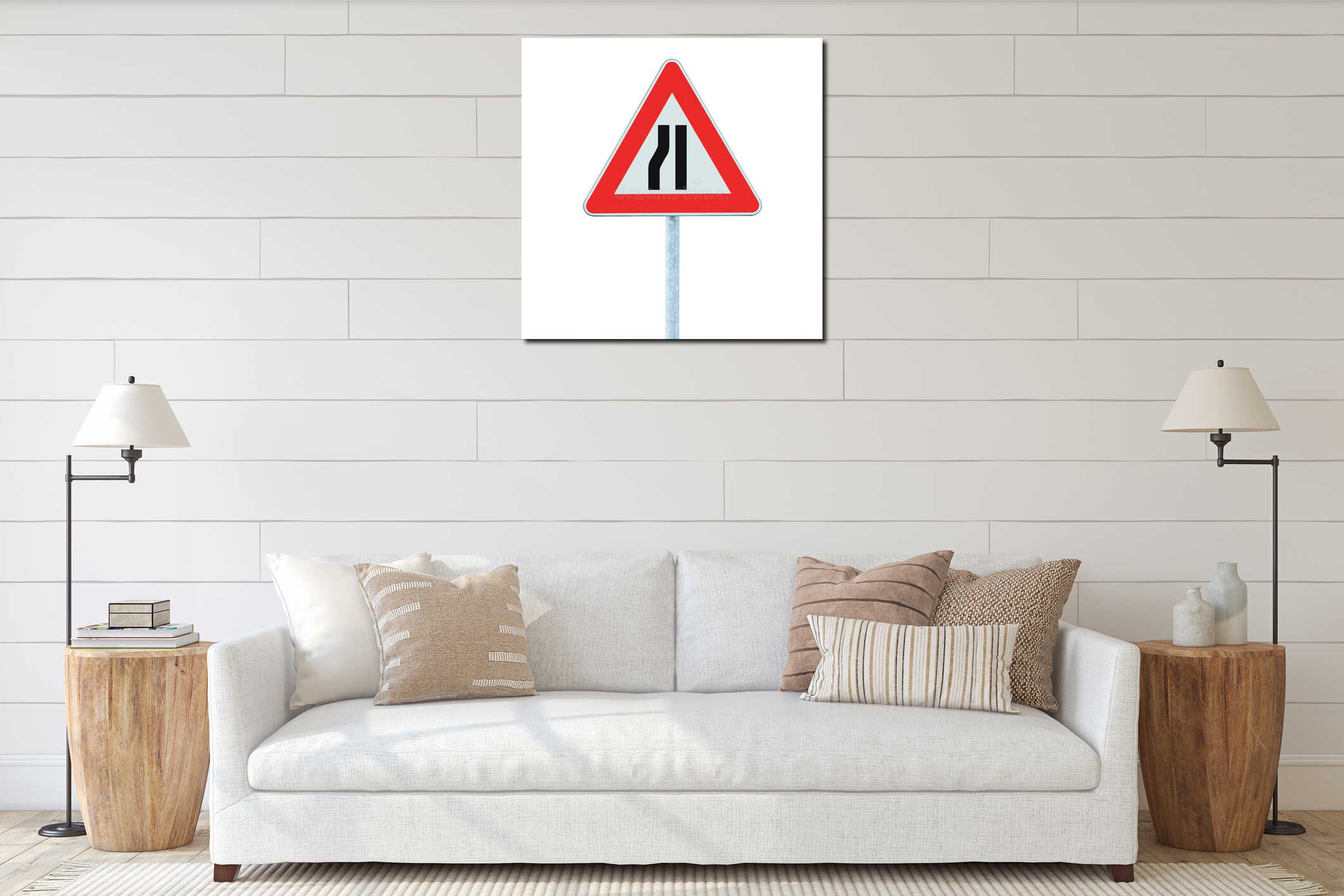 Road narrows sign on pole post, left side, isolated large detailed vertical closeup interior mockup