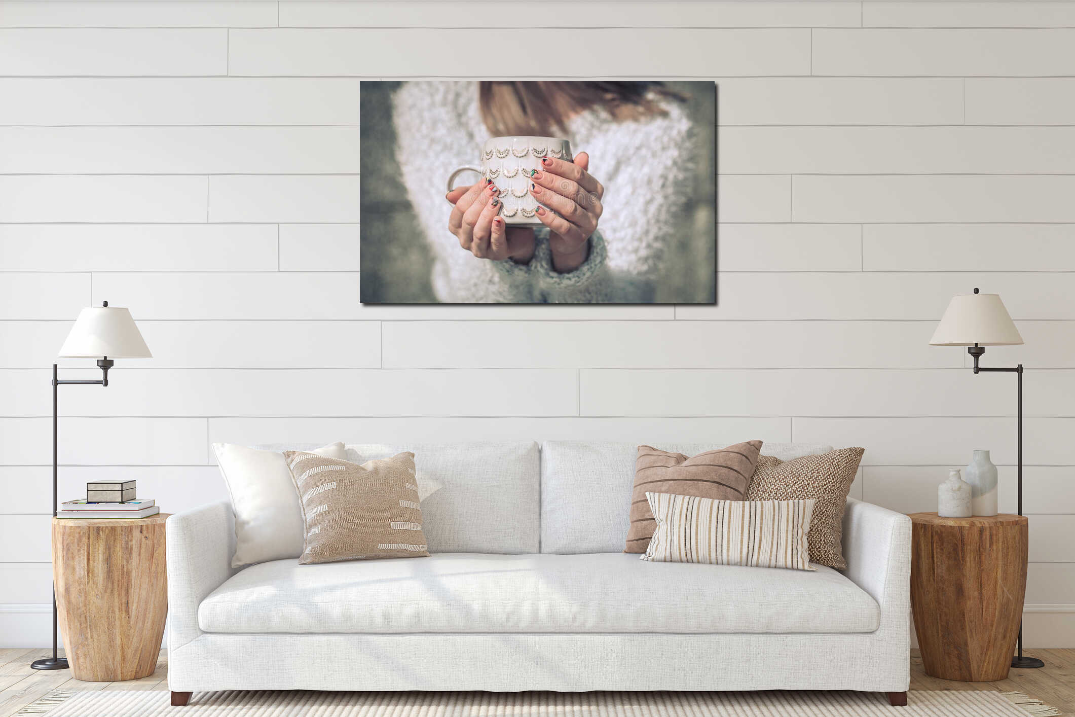 Girl with a cup in hands interior mockup