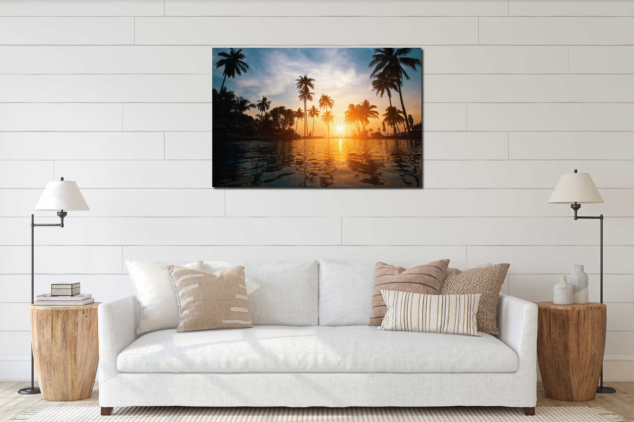 Beautiful tropical beach with palm trees silhouettes at dusk. Nature. interior mockup