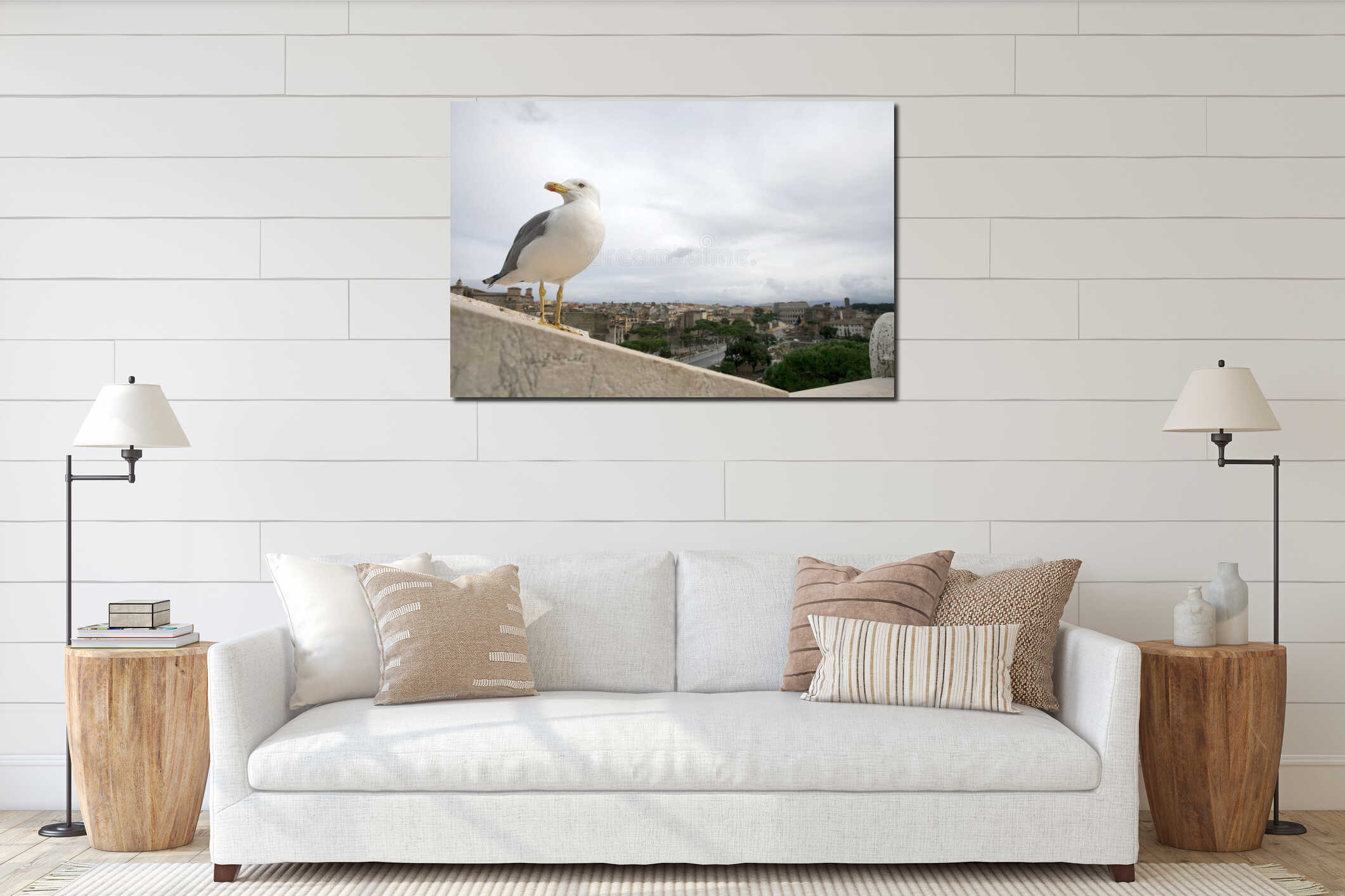 The Seagull Bird on the ruins of the Roman Forum, Italy interior mockup
