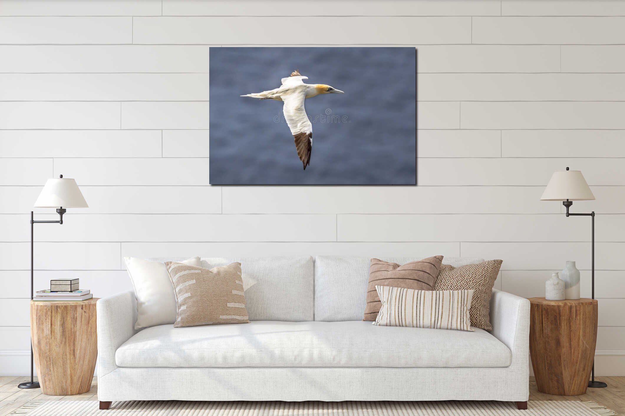 Northern gannet in flight against ocean background interior mockup