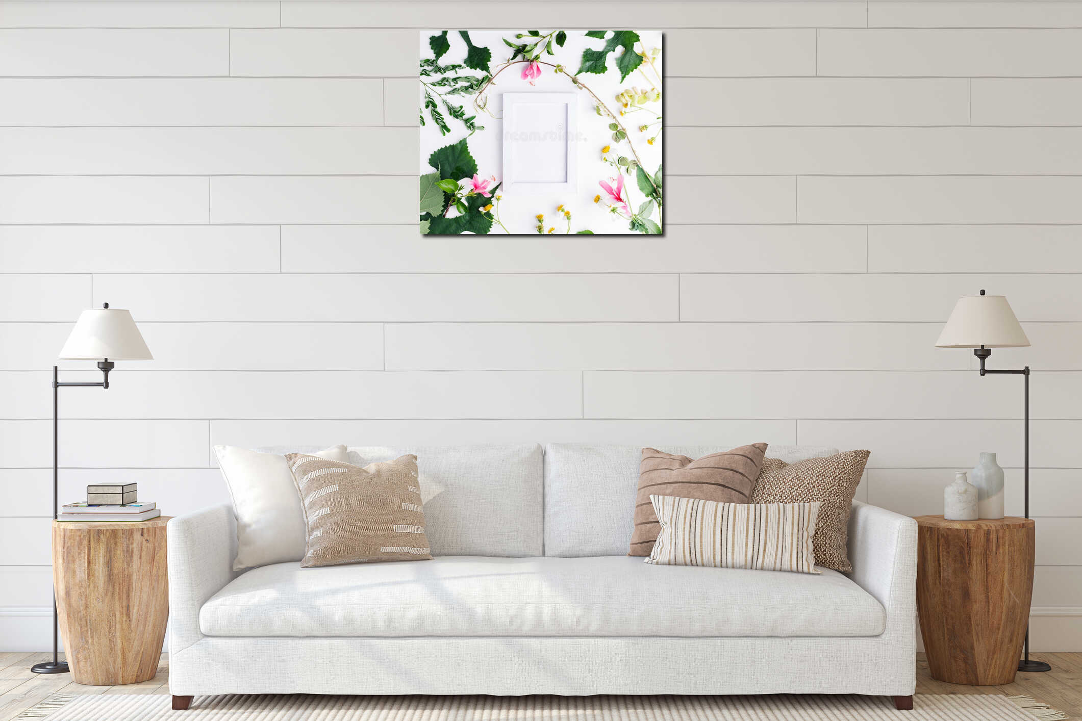 Top view flat lay empty photo frame with summer leaves and daisy flowers mockup interior mockup