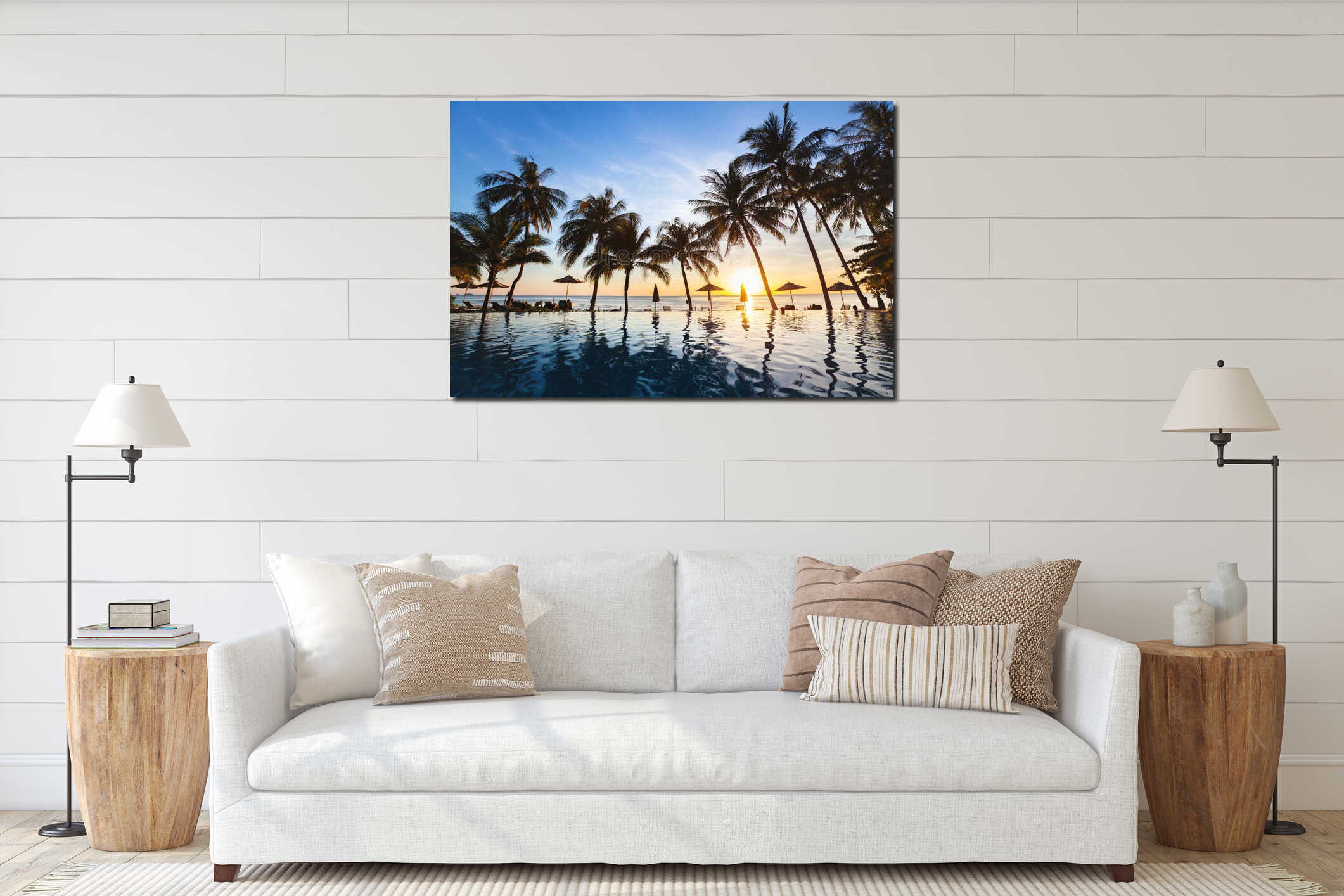 Beautiful sunset tropical beach landscape of paradise island with silhouettes of palm trees interior mockup