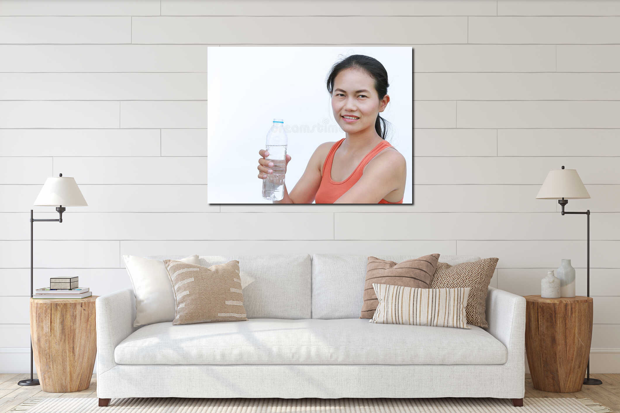 Thirsty fitness girl drinking bottle of water interior mockup