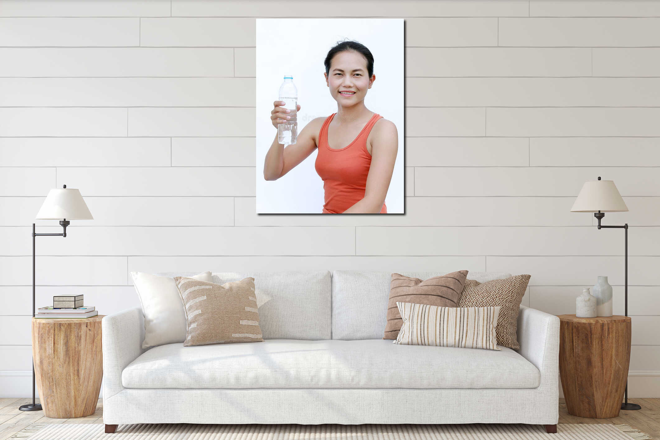 Thirsty fitness girl drinking bottle of water interior mockup