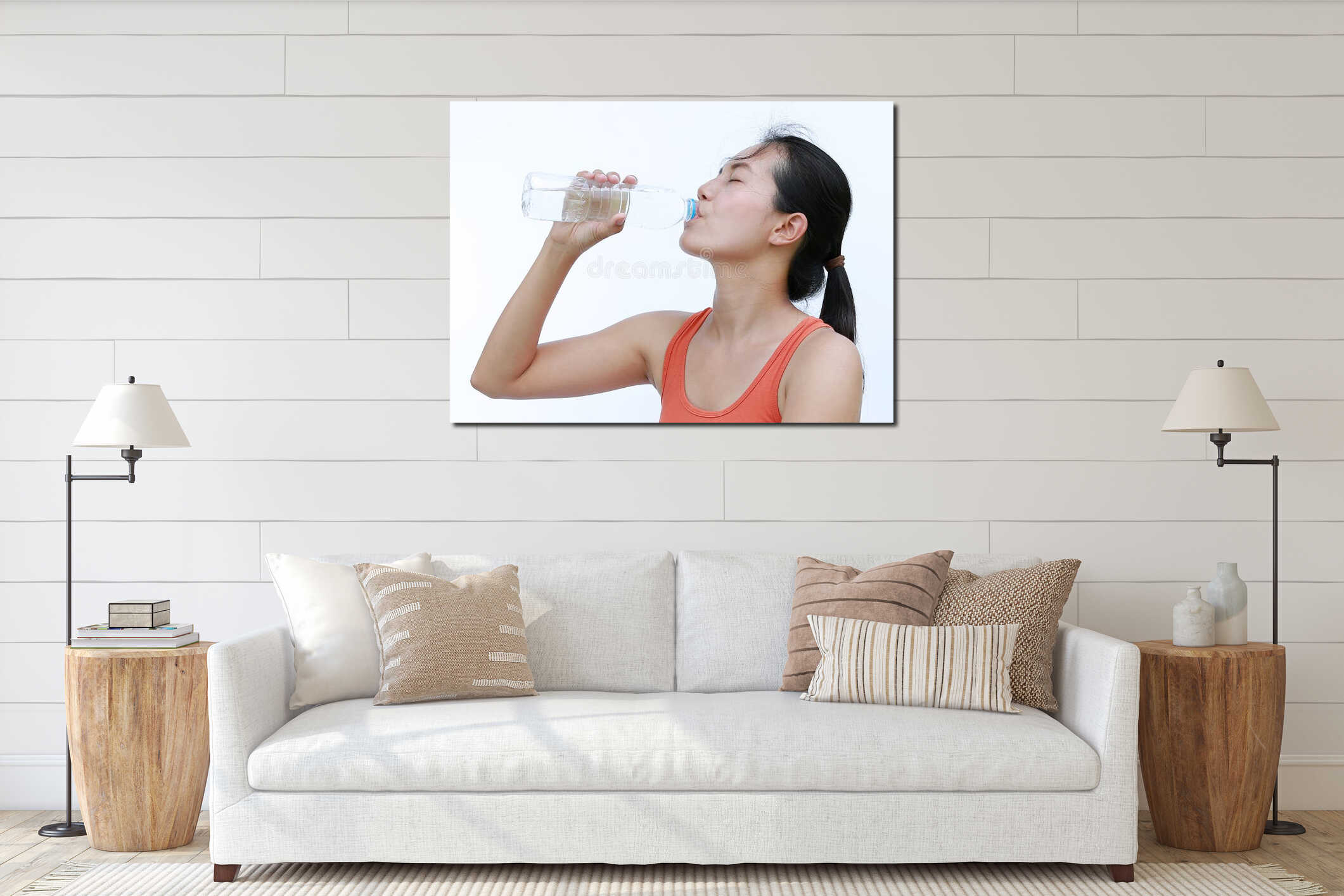 Thirsty fitness girl drinking bottle of water interior mockup