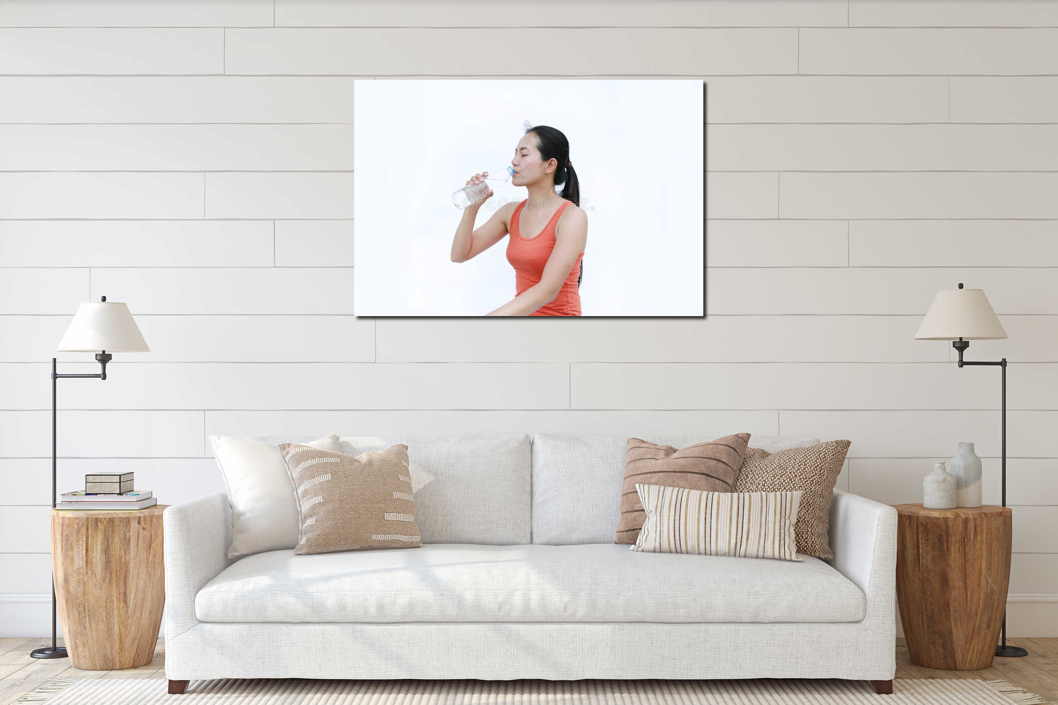 Thirsty fitness girl drinking bottle of water interior mockup