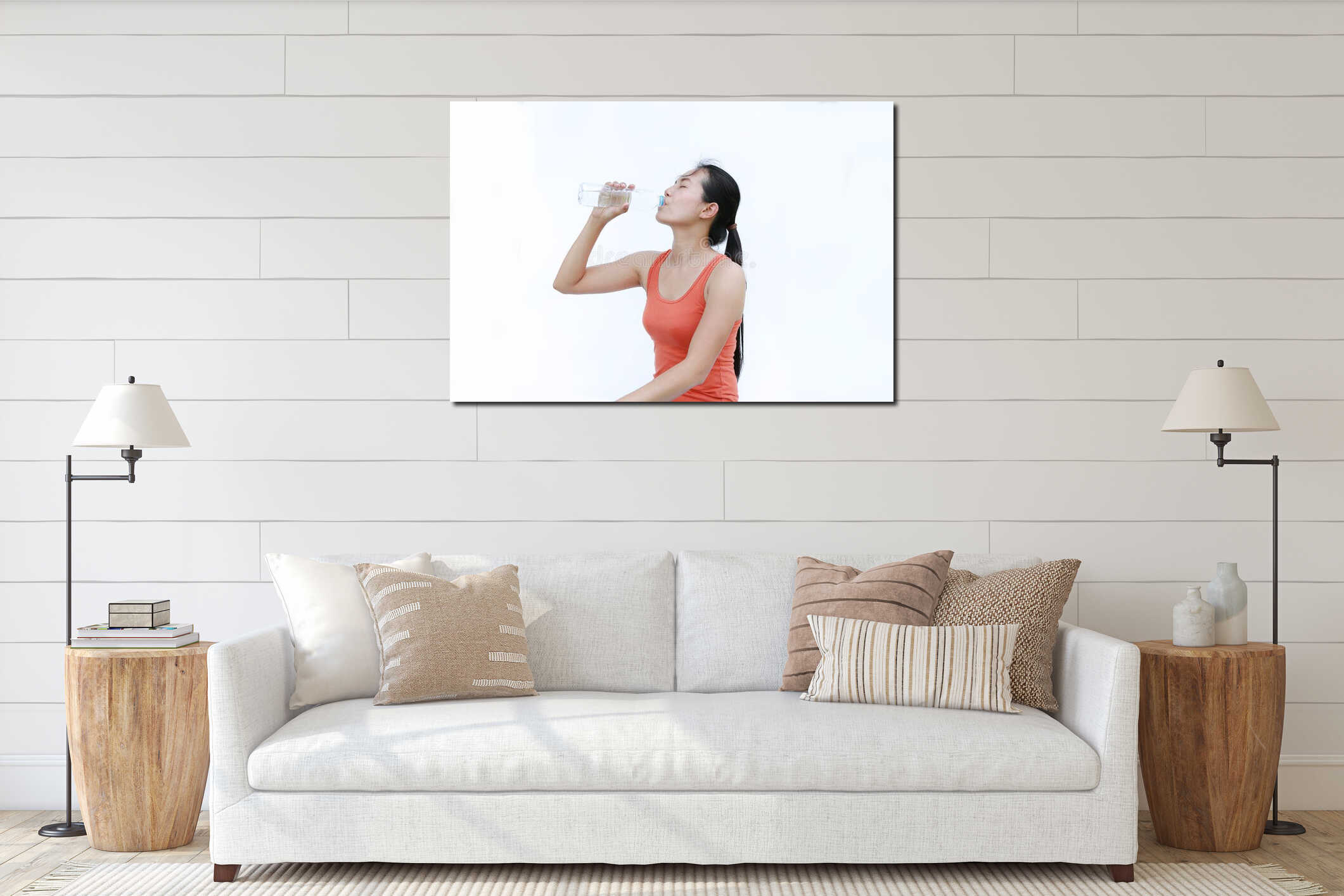 Thirsty fitness girl drinking bottle of water interior mockup