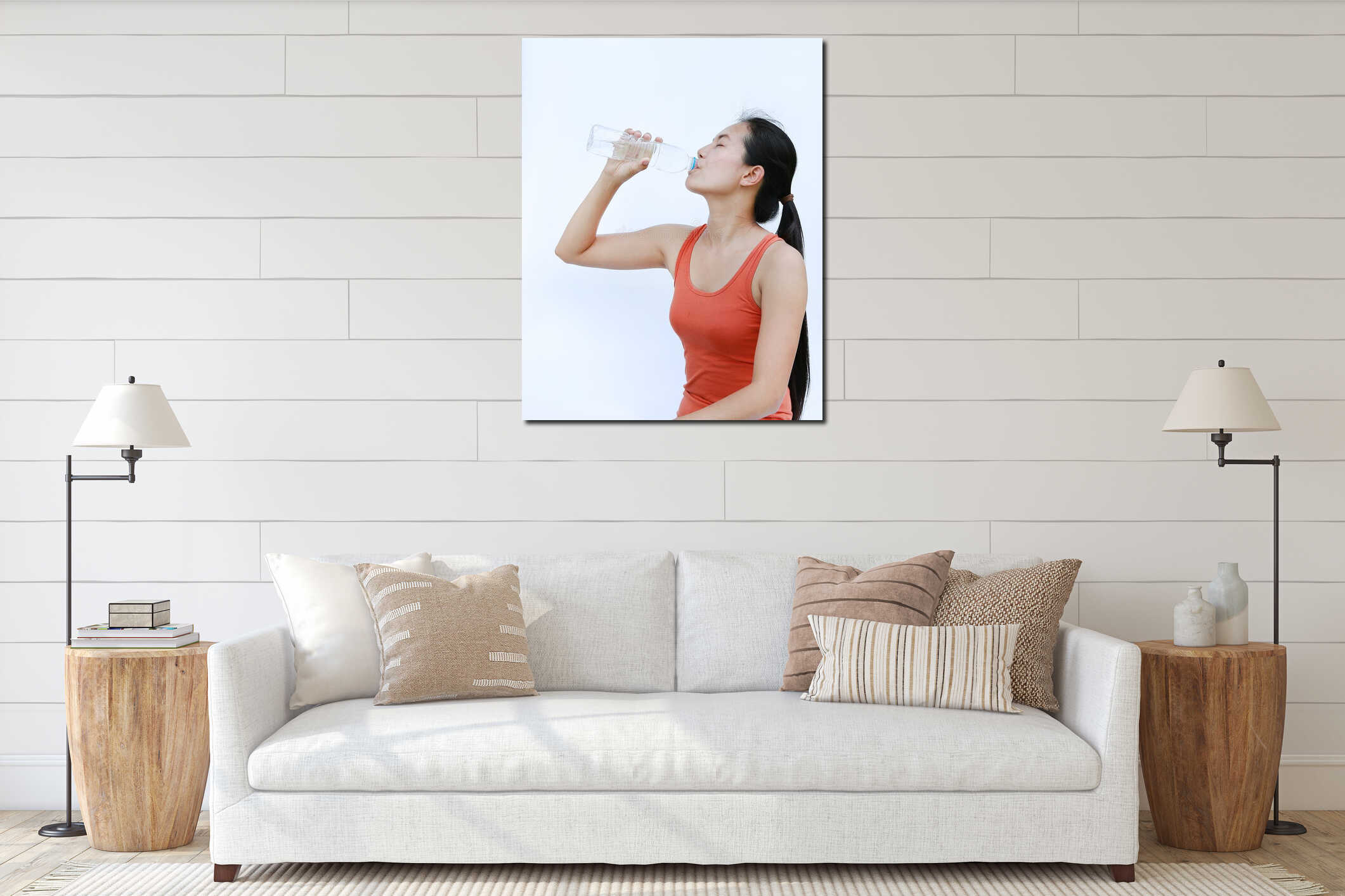 Thirsty fitness girl drinking bottle of water interior mockup