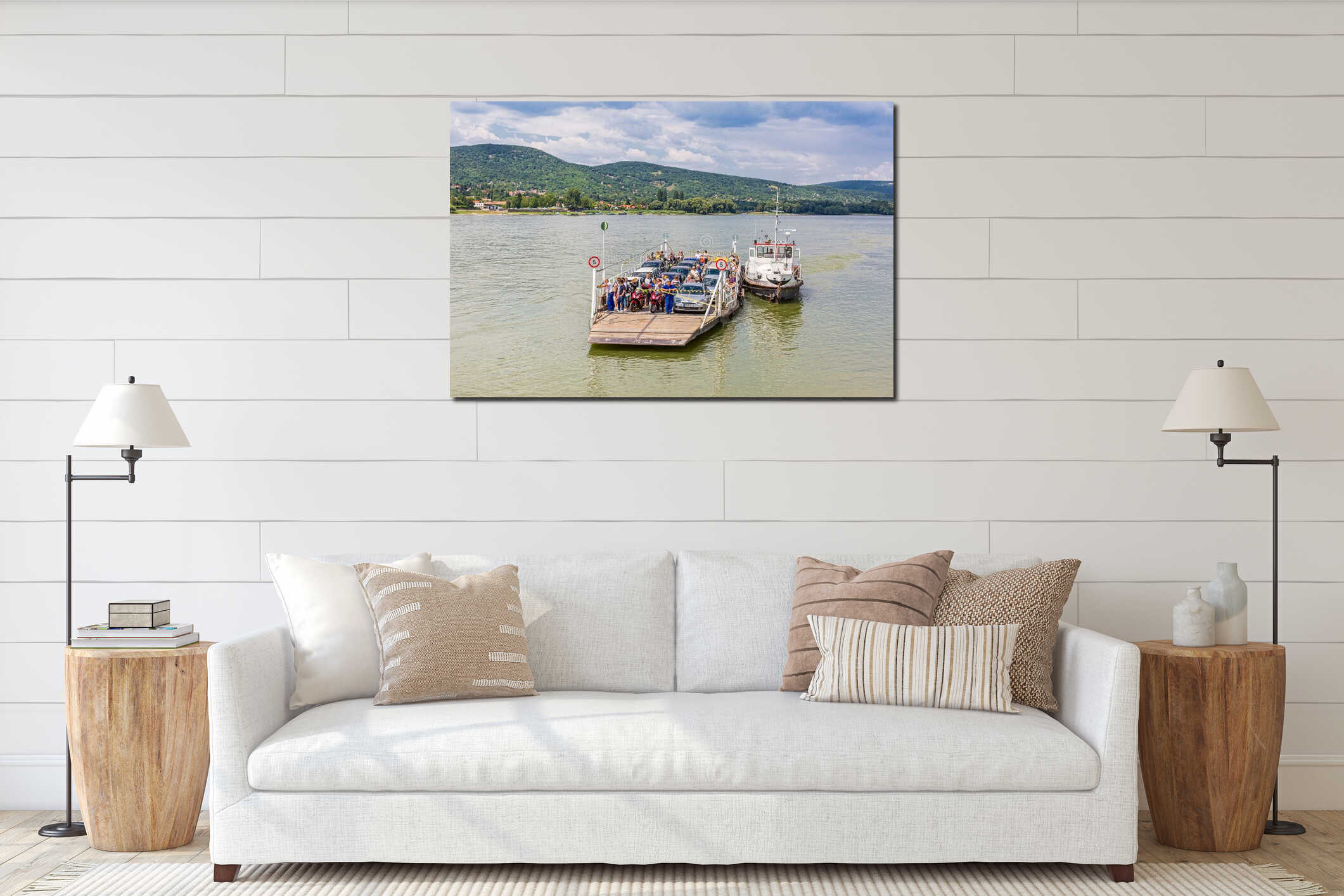 Vac, Hungary. July 16, 2017. Local ferry transportation across Danube river, Hungary. Ferry for people and cars interior mockup