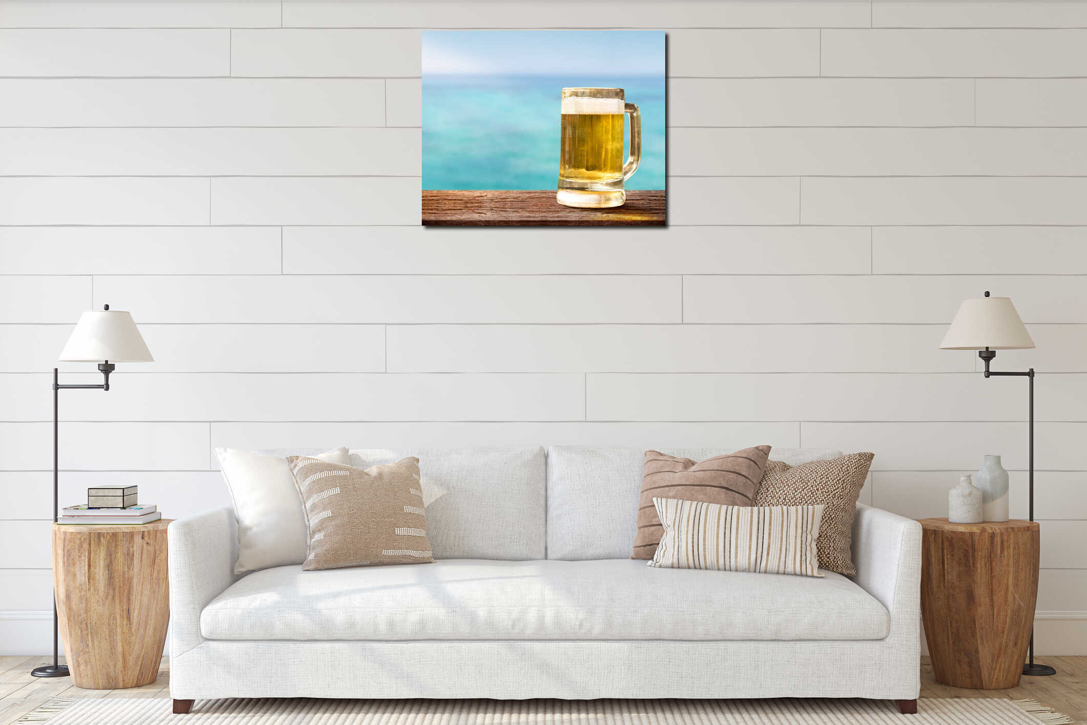 Glass of Beer on Wooden Table in front of the Sea, Blurred Blue interior mockup